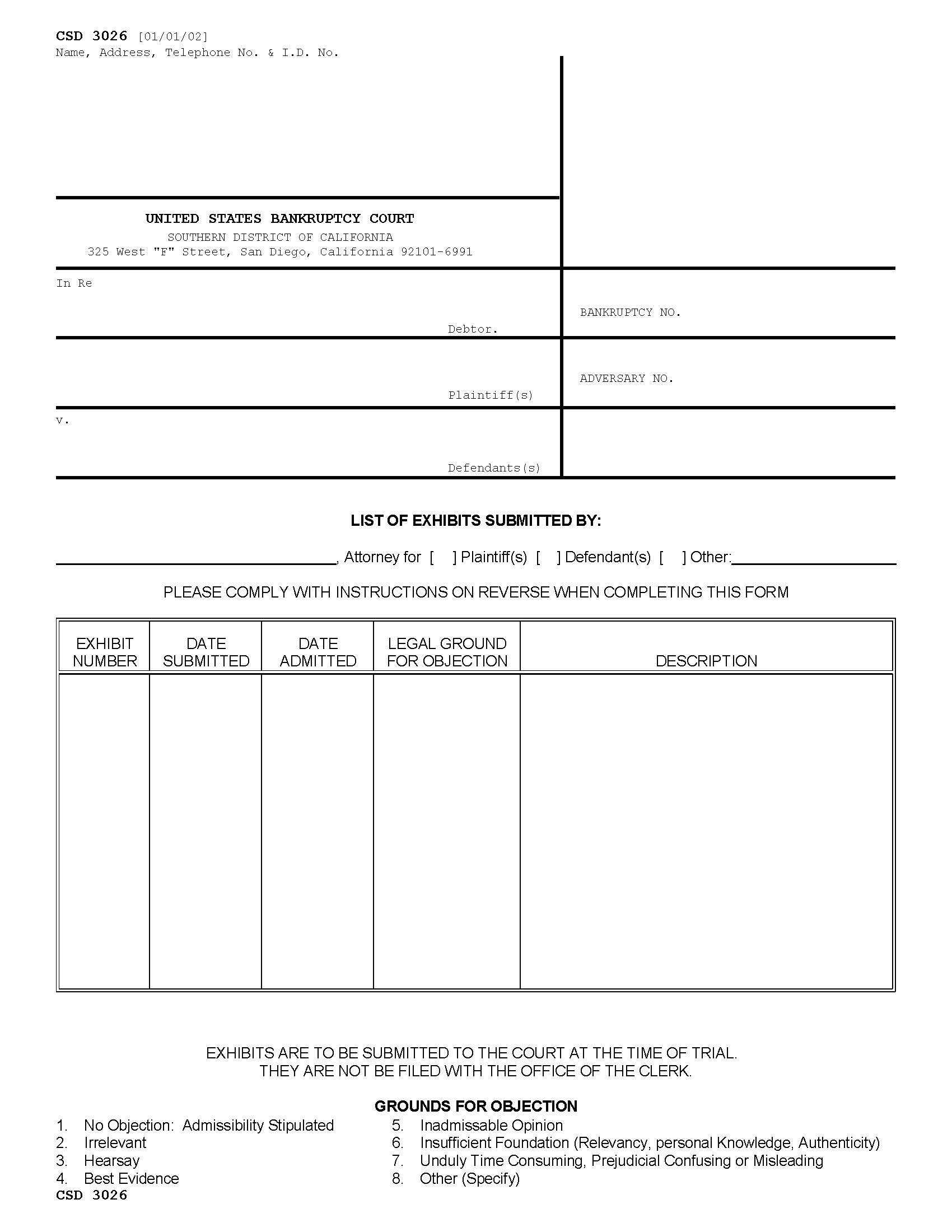 List Of Exhibits Submitted By Attorney {CSD 3026} | Pdf Fpdf Doc Docx | California