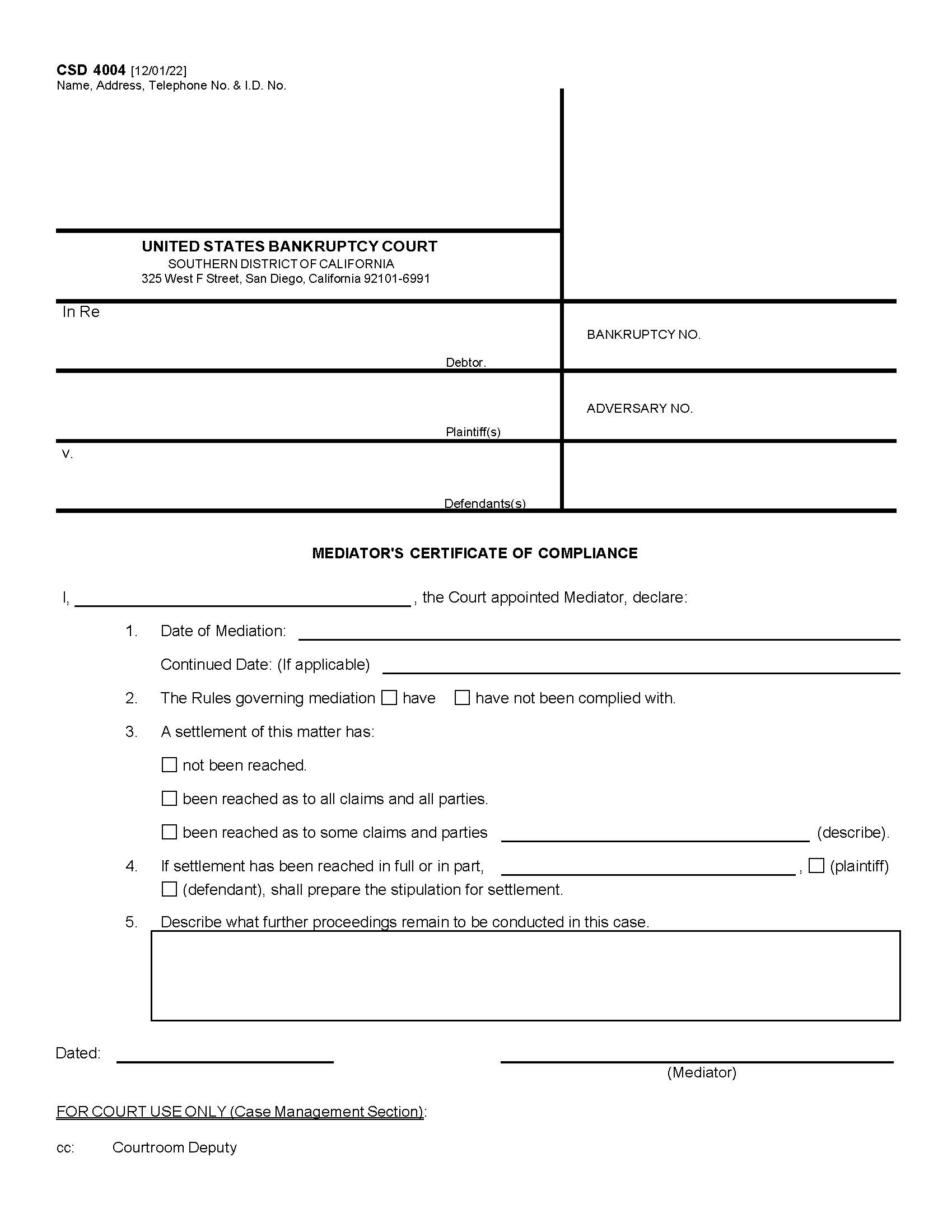 Mediators Certificate Of Compliance {CSD 4004} | Pdf Fpdf Docx | California