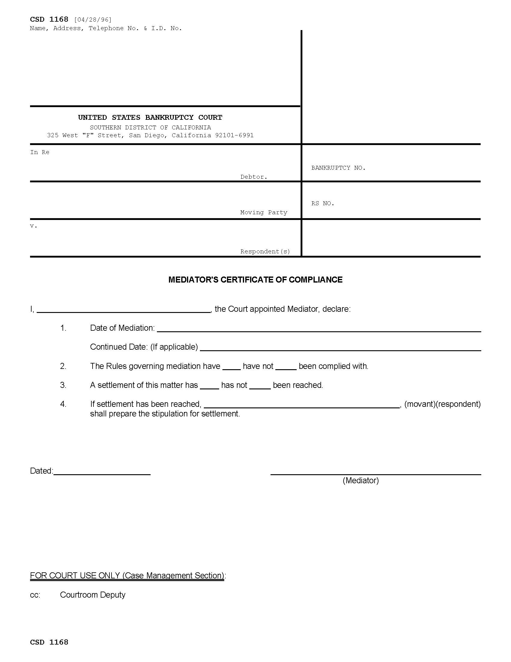 Mediators Certificate Of Compliance (Relief From Stay Motions) {CSD 1168} | Pdf Fpdf Doc Docx | California