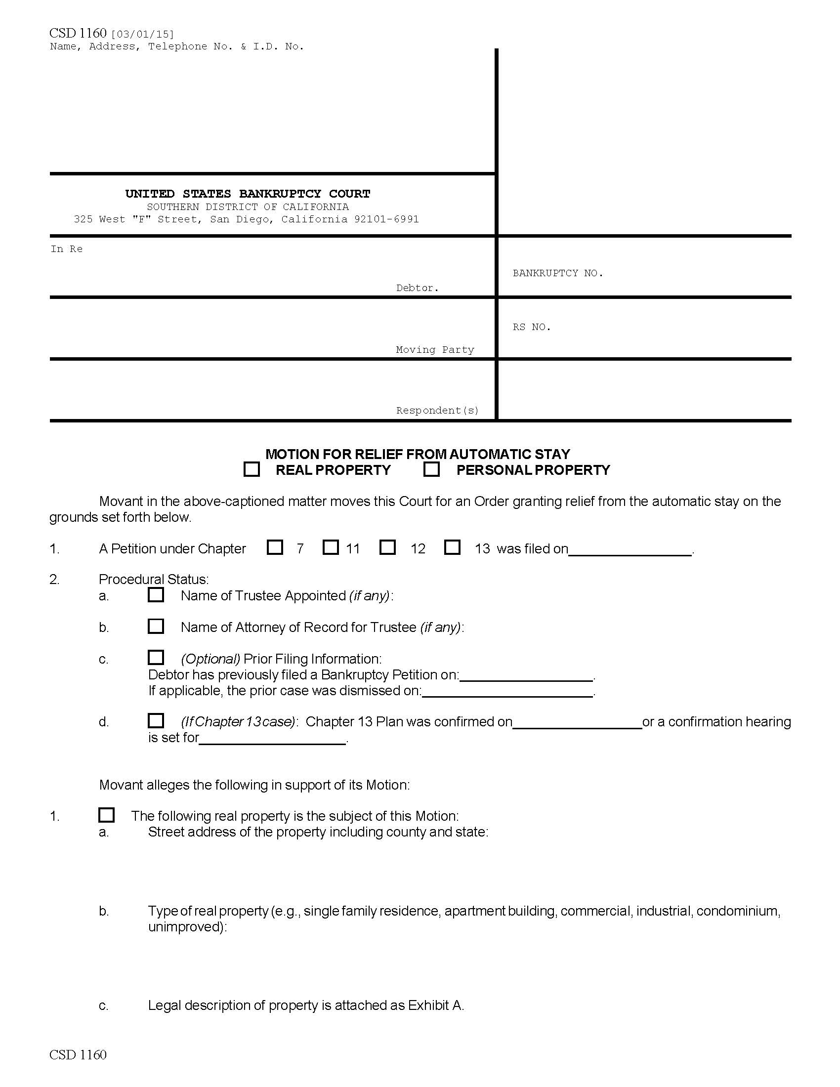 Motion For Relief From Automatic Stay - Real And Personal Property {CSD 1160} | Pdf Fpdf Doc Docx | California