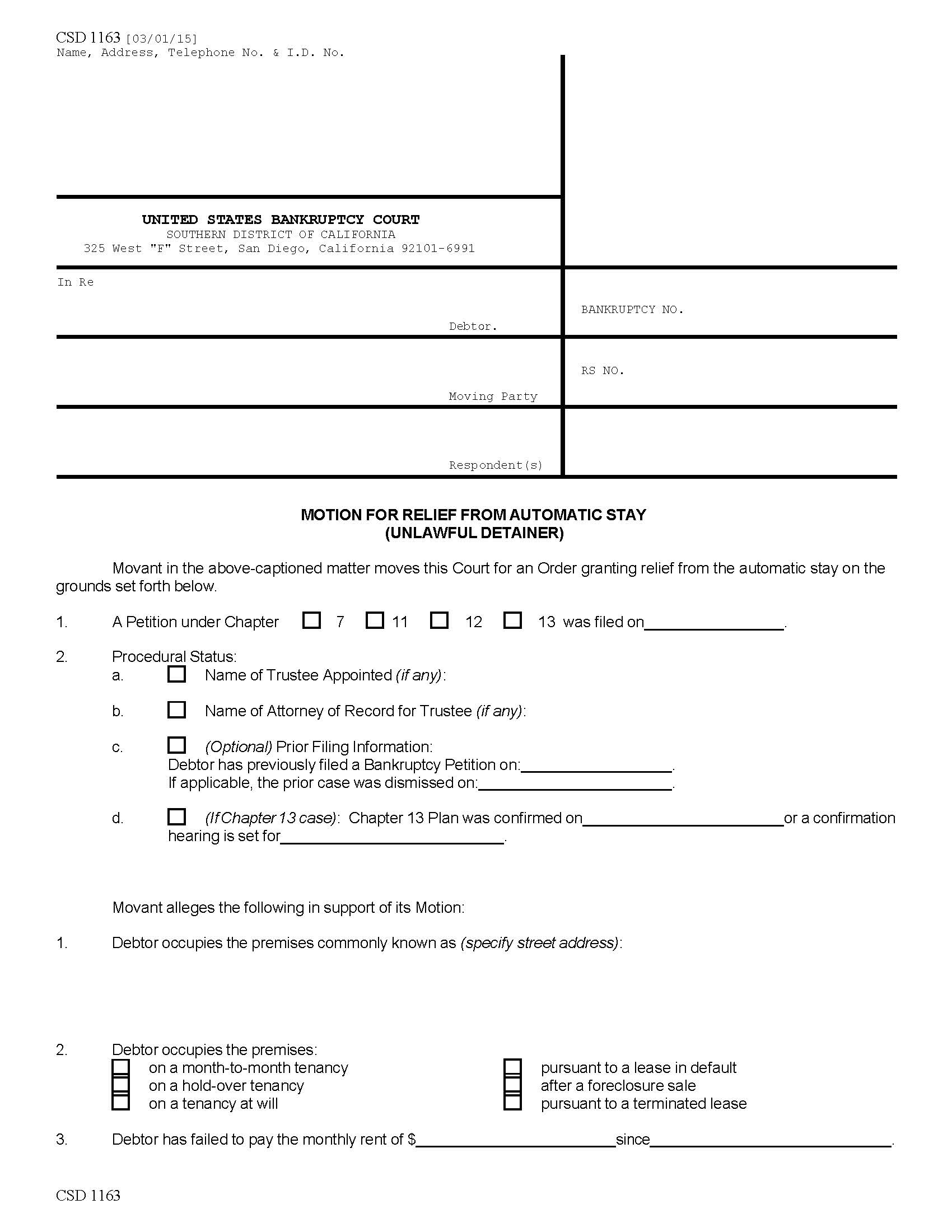 Motion For Relief From Automatic Stay Unlawful Detainer {CSD 1163} | Pdf Fpdf Doc Docx | California