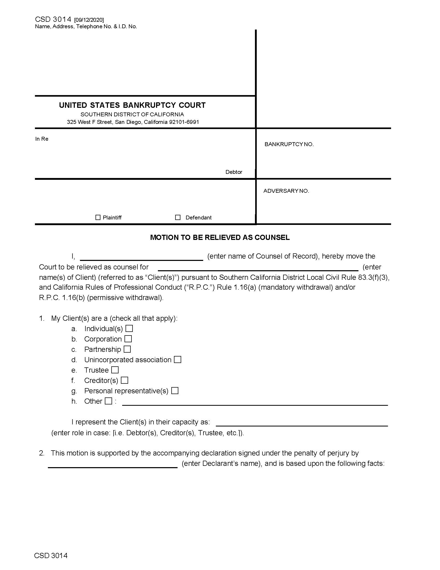 Motion To Be Relieved As Counsel  {CSD 3014} | Pdf Fpdf Docx | California