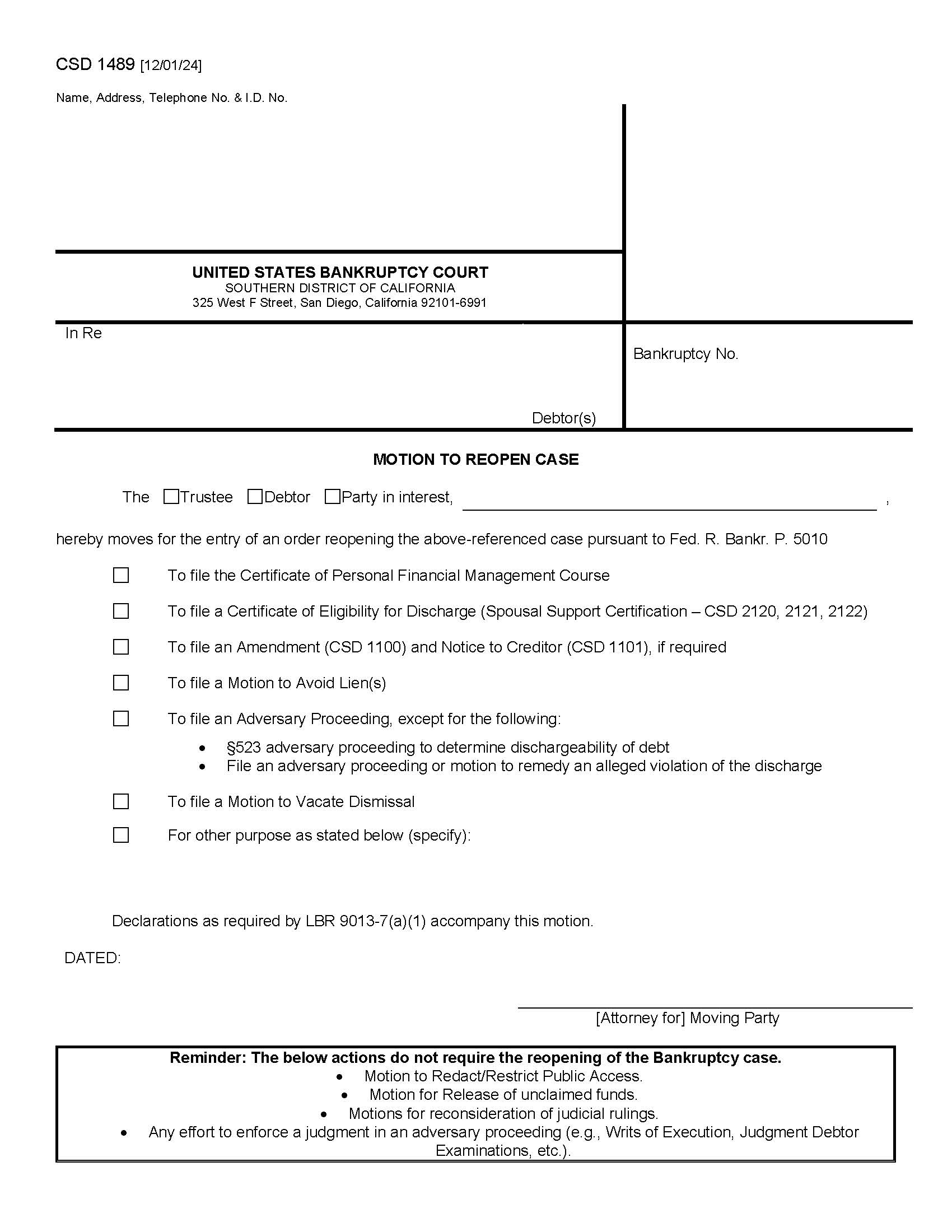 Motion To Reopen Case {CSD 1489} | Pdf Fpdf Doc Docx | California