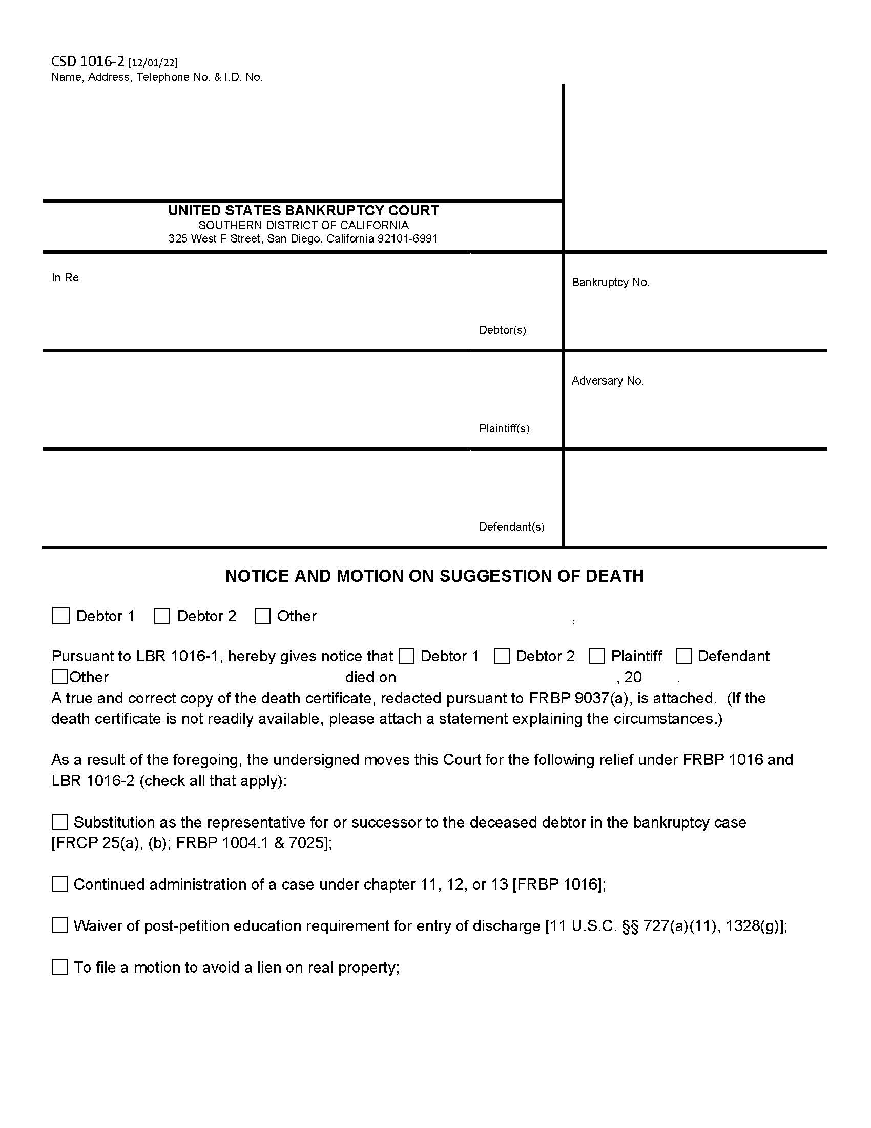 Notice And Motion On Suggestion Of Death {CSD 1016-2} | Pdf Fpdf Docx | California