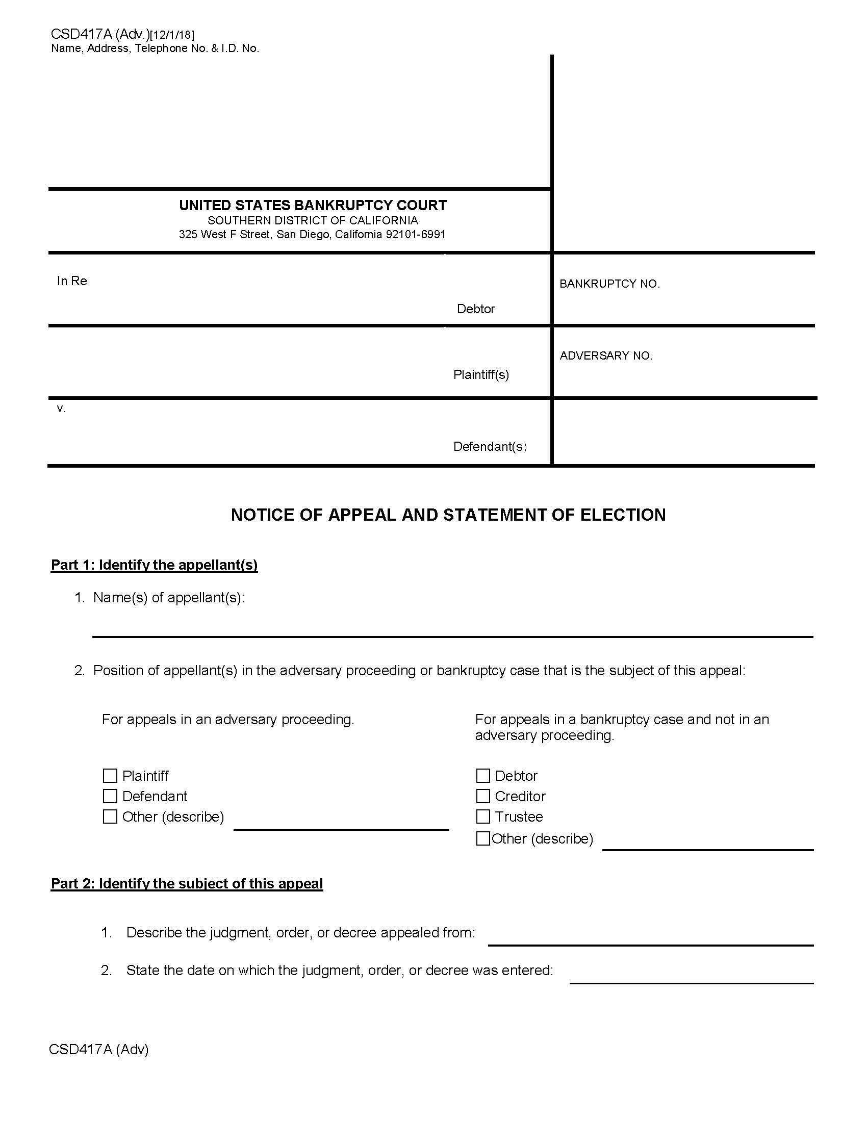 Notice Of Appeal And Statement Of Election (Adversary) {CSD 417A(Adv.)} | Pdf Fpdf Docx | California