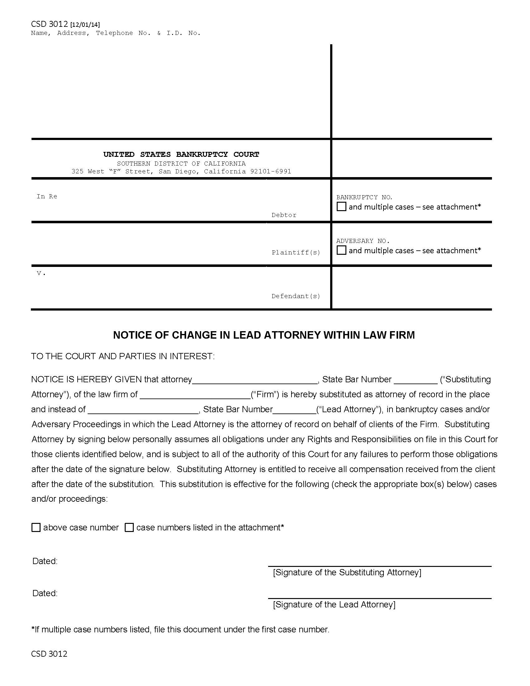 Notice Of Change In Lead Attorney Within Law Firm {CSD 3012} | Pdf Fpdf Doc Docx | California