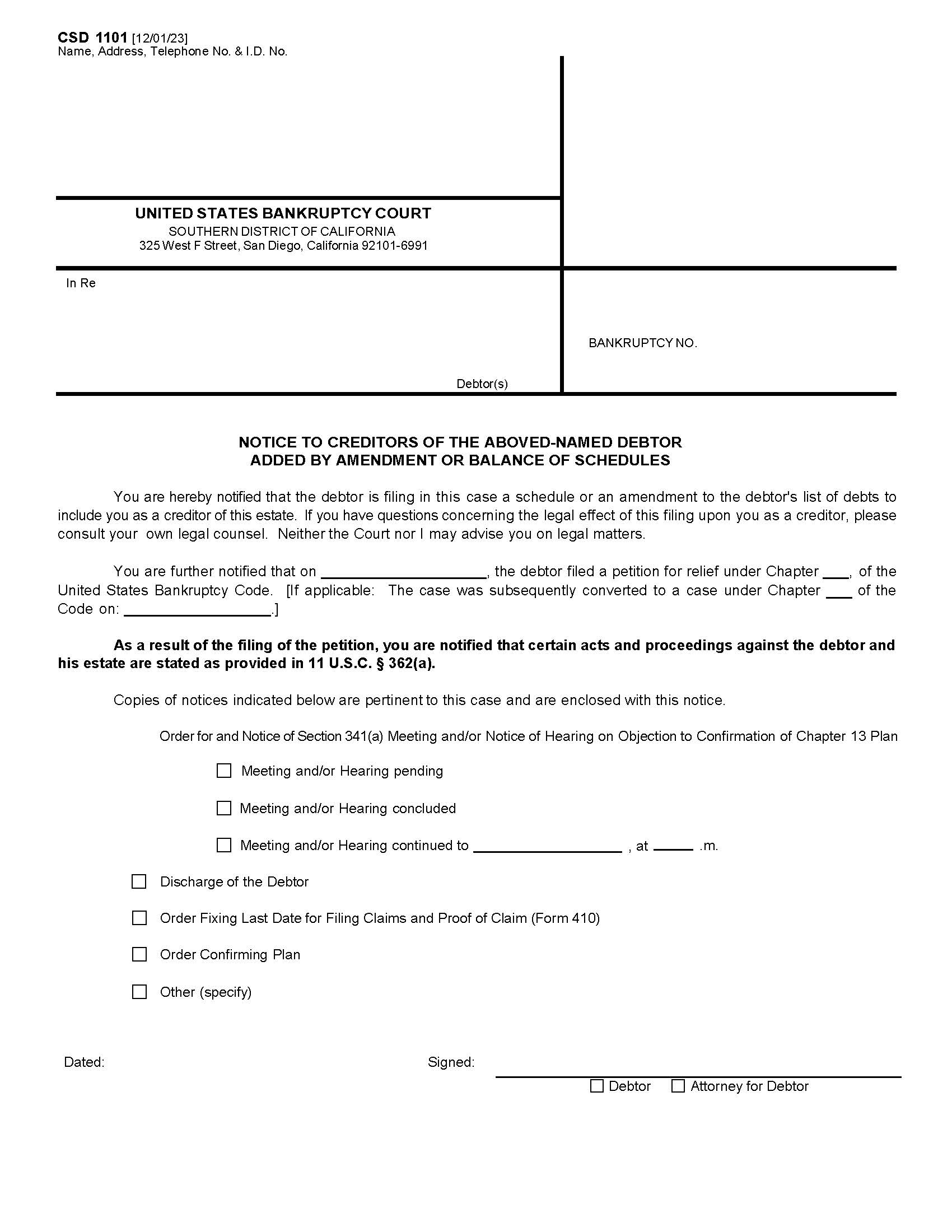 Notice Of Creditors Named Debtor Added By Amendment Balance Of Schedules {CSD 1101} | Pdf Fpdf Docx | California