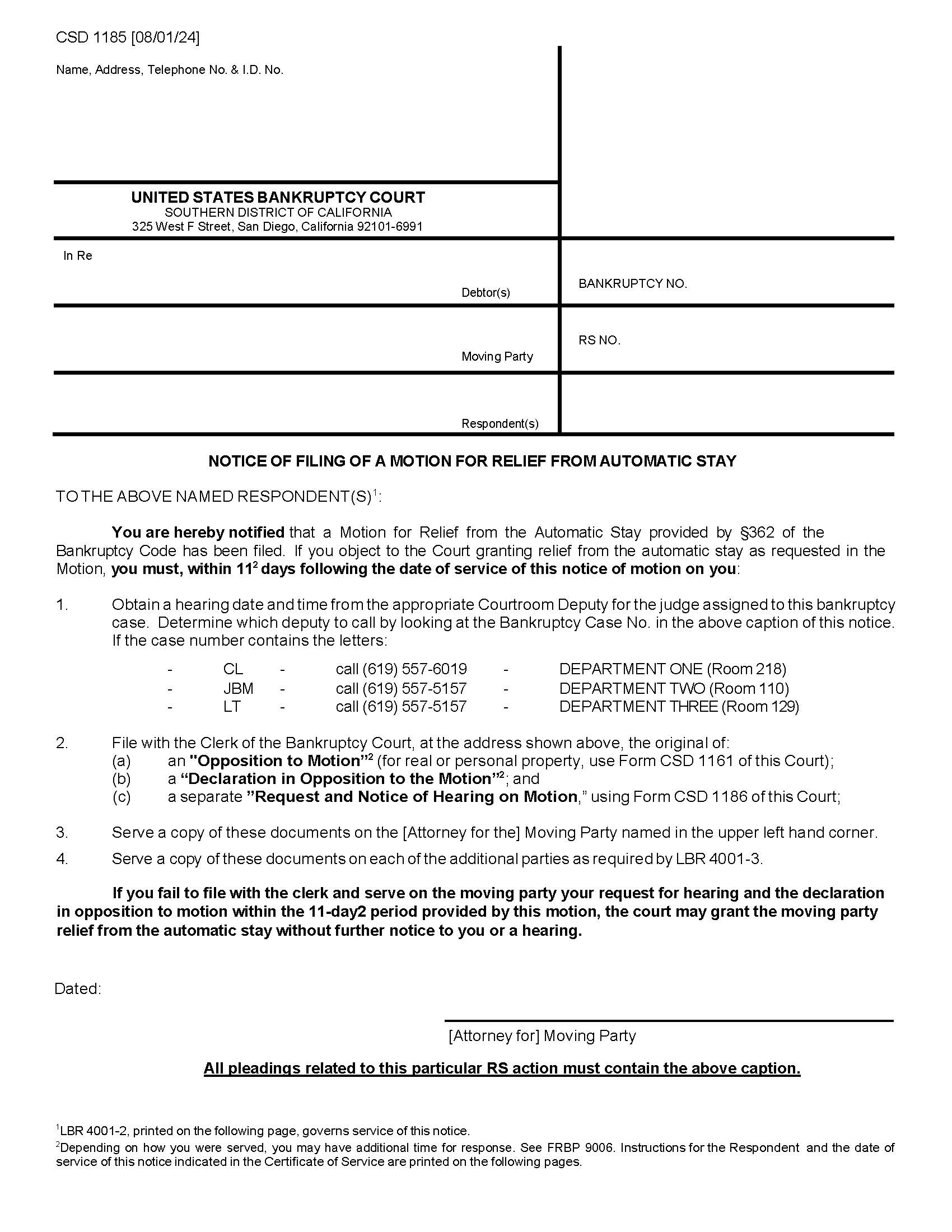 Notice Of Filing Of A Motion For Relief From Automatic Stay {CSD 1185} | Pdf Fpdf Docx | California