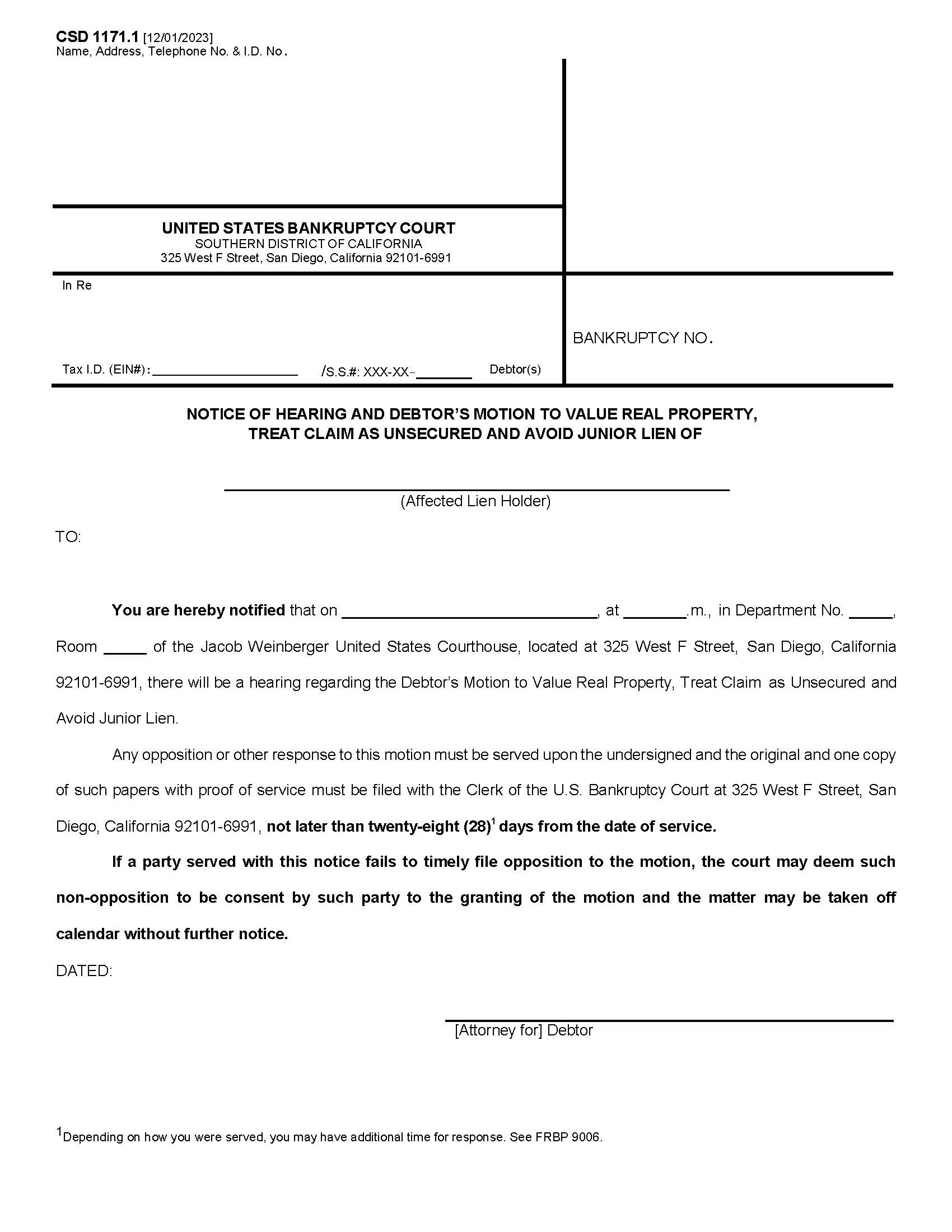 Notice Of Hearing And Debtors Motion To Value Real Property {CSD 1171.1} | Pdf Fpdf Doc Docx | California