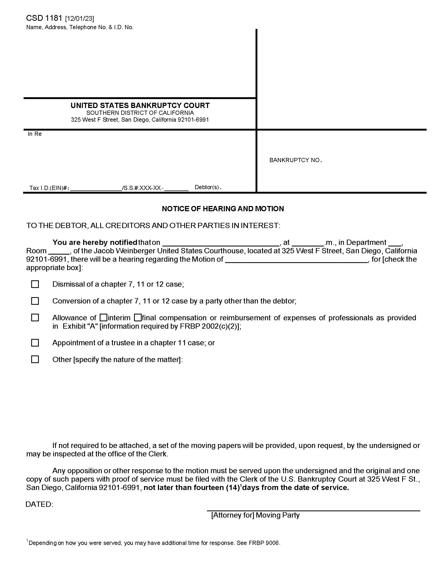 Notice Of Hearing And Motion (All Creditors) {CSD 1181} | Pdf Fpdf Docx | California
