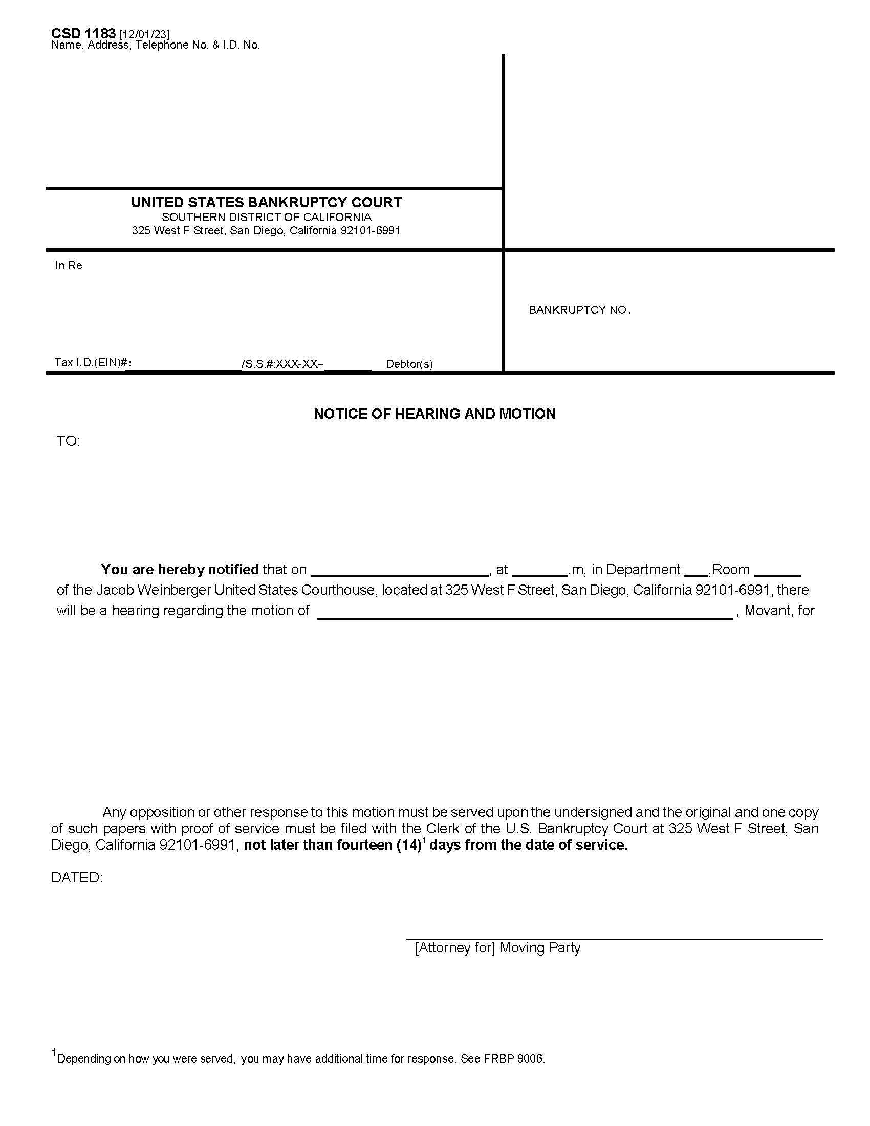 Notice Of Hearing And Motion (Less All Creditors) {CSD 1183} | Pdf Fpdf Docx | California