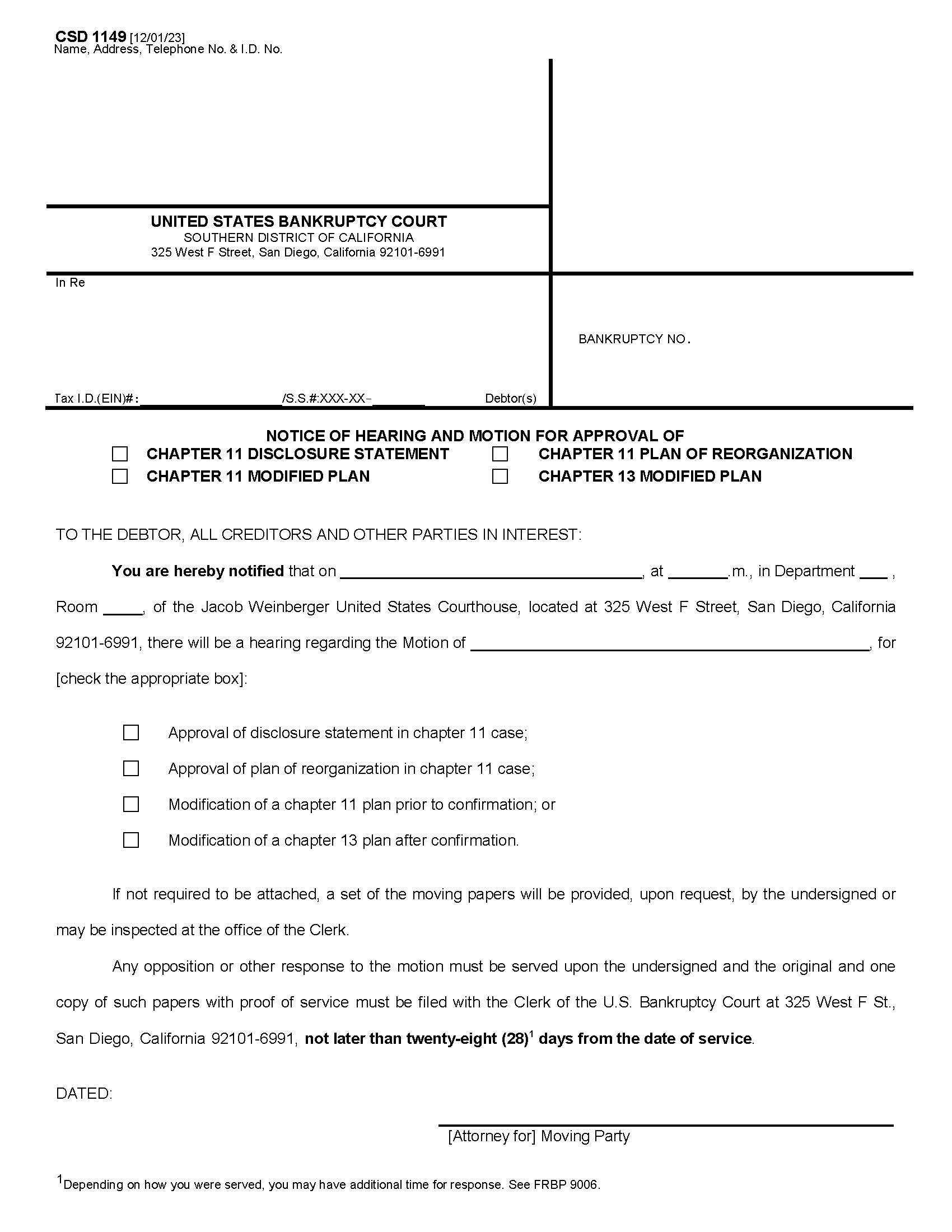 Notice Of Hearing And Motion For Approval Of Disclosure Statement Plan Of Reorganization {CSD 1149} | Pdf Fpdf Docx | California