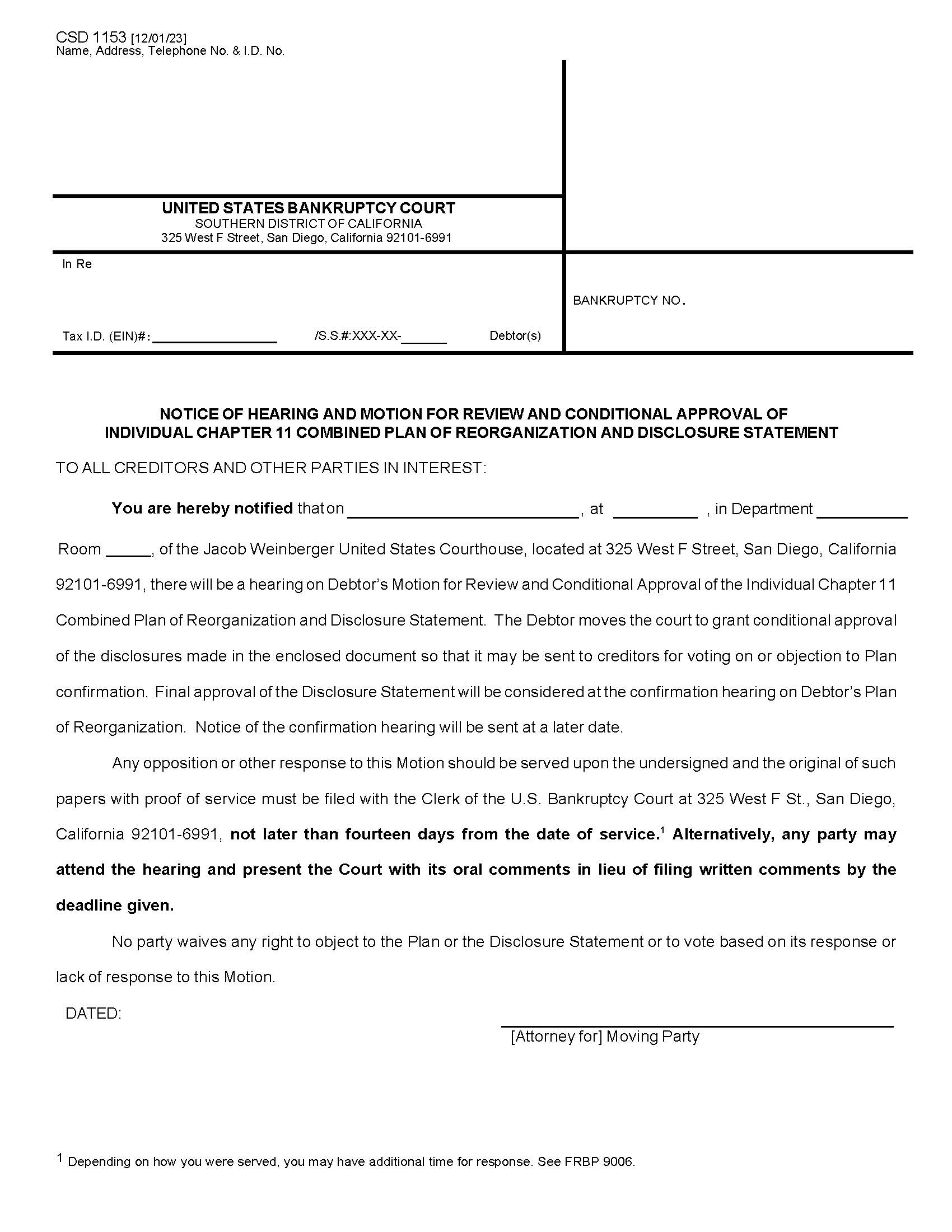 Notice Of Hearing And Motion For Review And Conditional Approval {CSD 1153} | Pdf Fpdf Docx | California