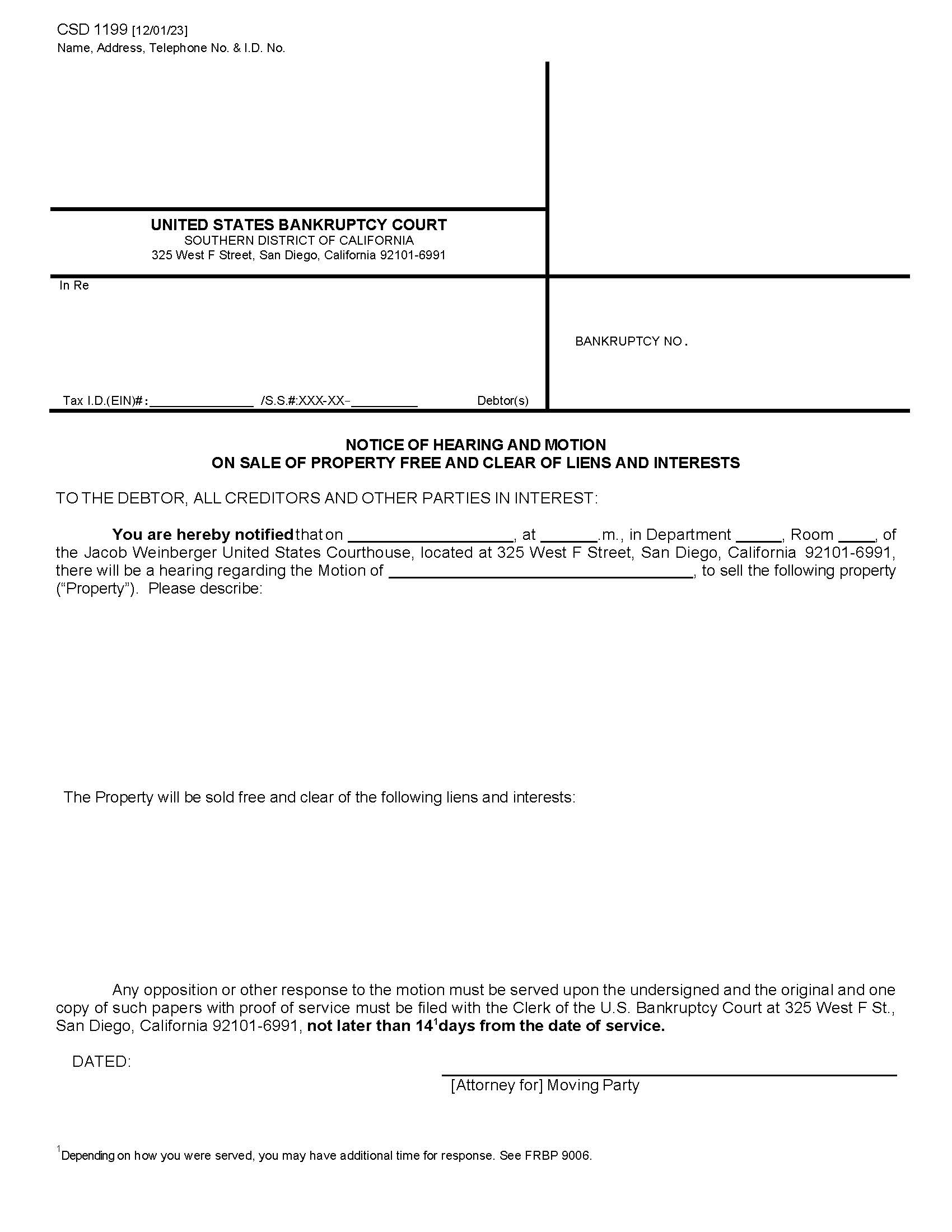 Notice Of Hearing And Motion On Sale Of Property Free And Clear {CSD 1199} | Pdf Fpdf Docx | California