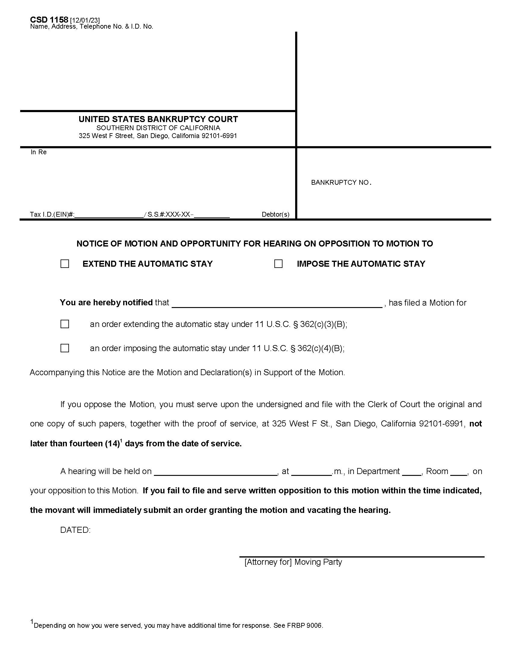 Notice Of Hearing And Motion To Extend-Impose The Automatic Stay {CSD 1158} | Pdf Fpdf Docx | California