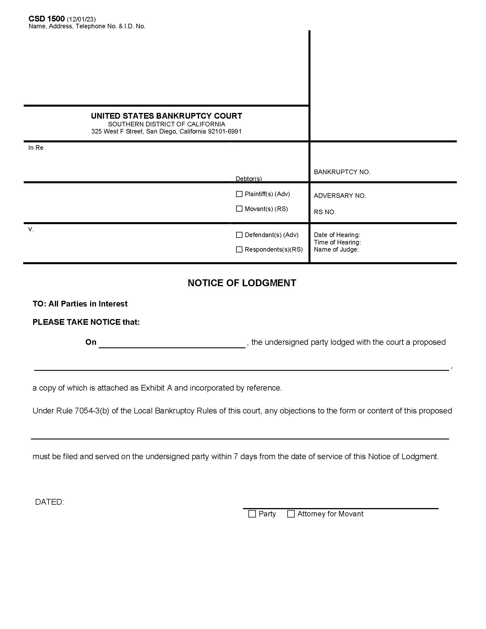 Notice Of Lodgment {CSD 1500} | Pdf Fpdf Docx | California