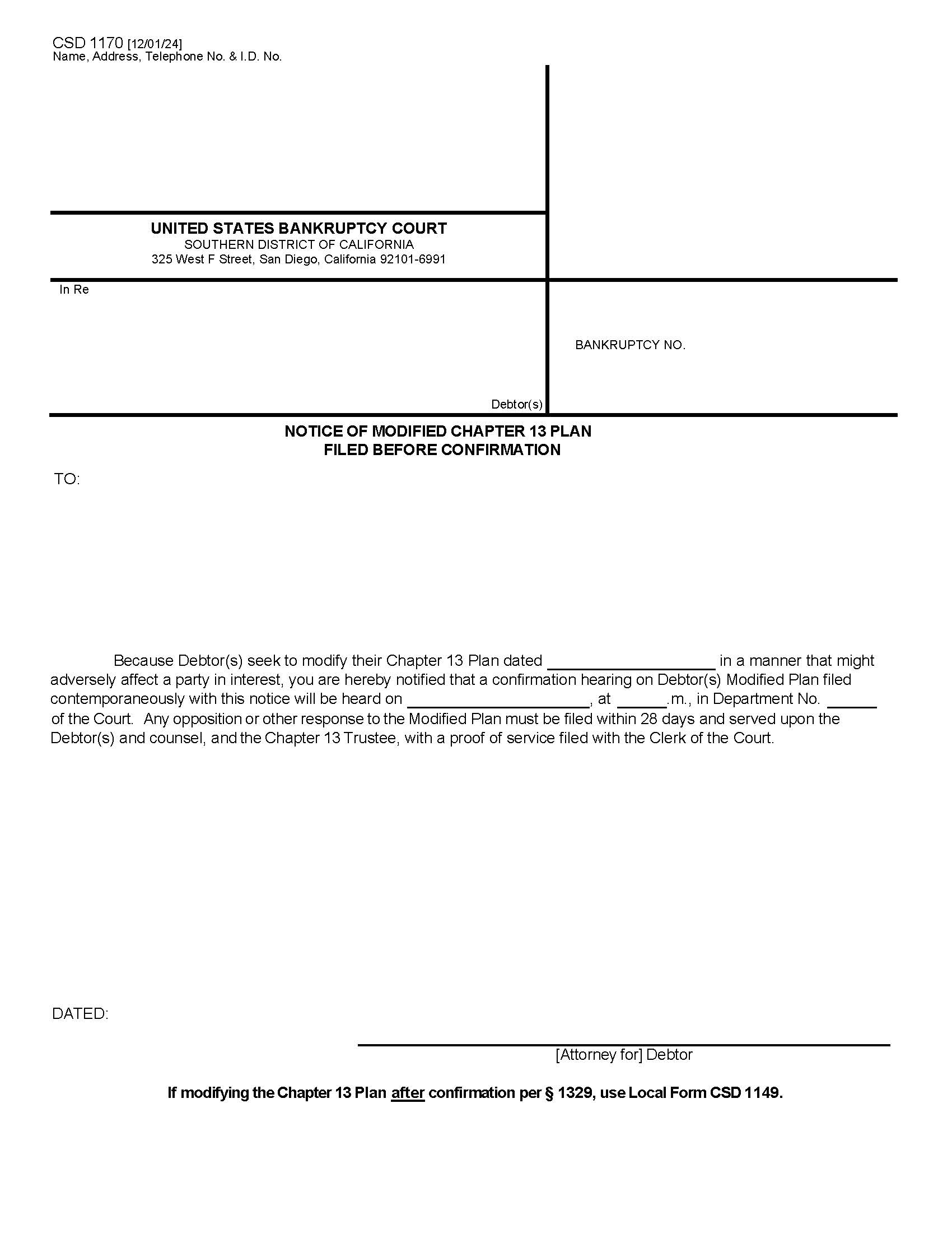 Notice Of Modified Chapter 13 Plan Prior To Confirmation {CSD 1170} | Pdf Fpdf Docx | California