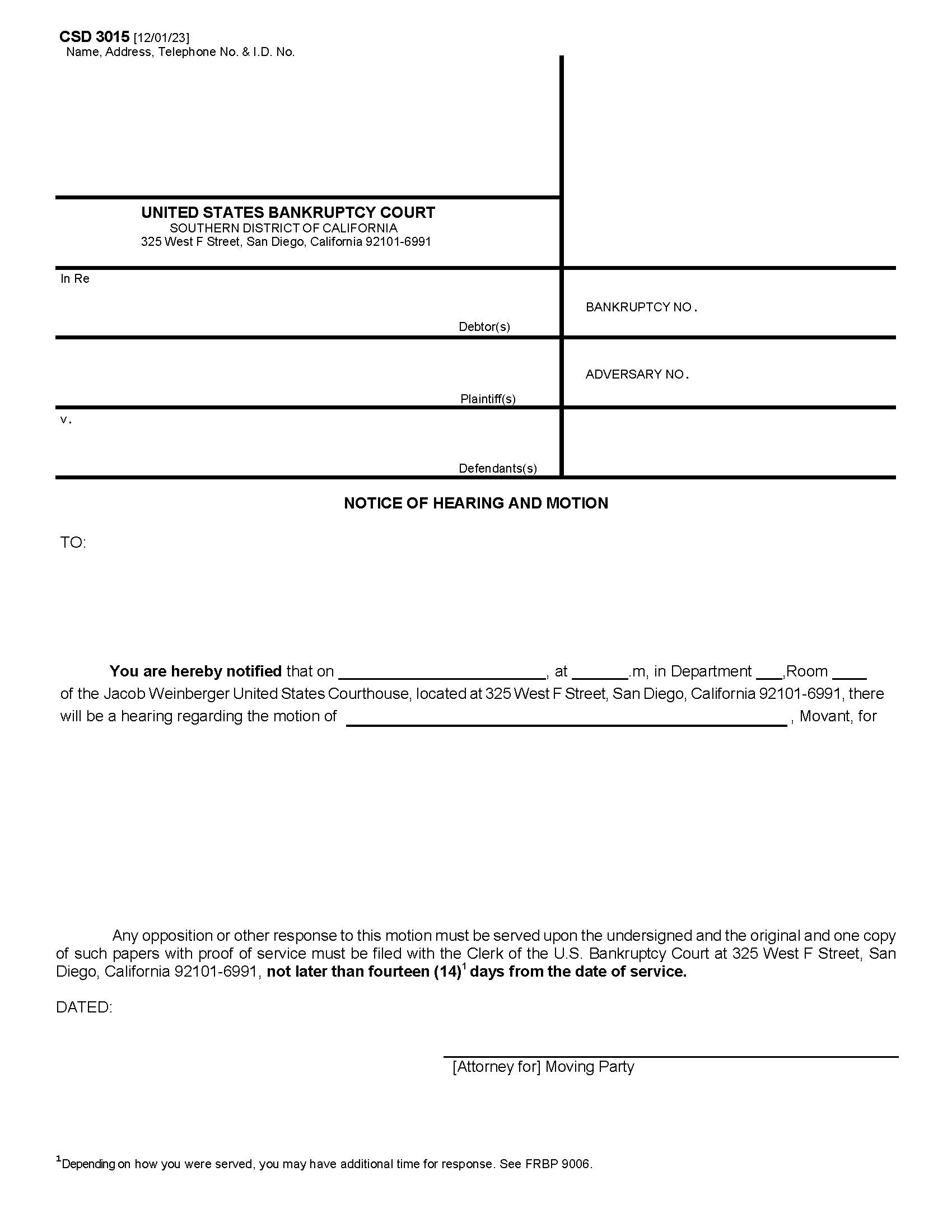 Notice Of Motion And Hearing {CSD 3015} | Pdf Fpdf Docx | California