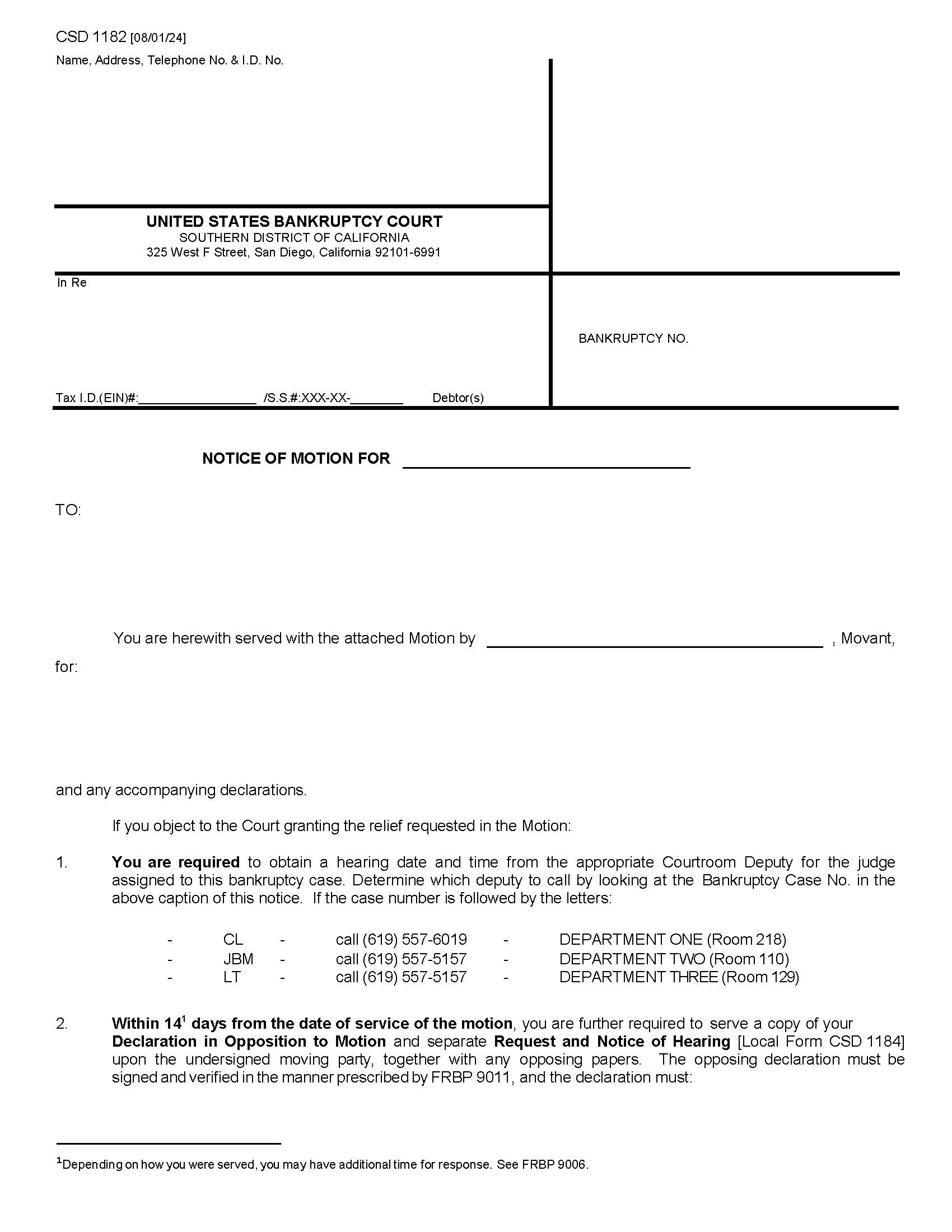 Notice Of Motion For {CSD 1182} | Pdf Fpdf Docx | California