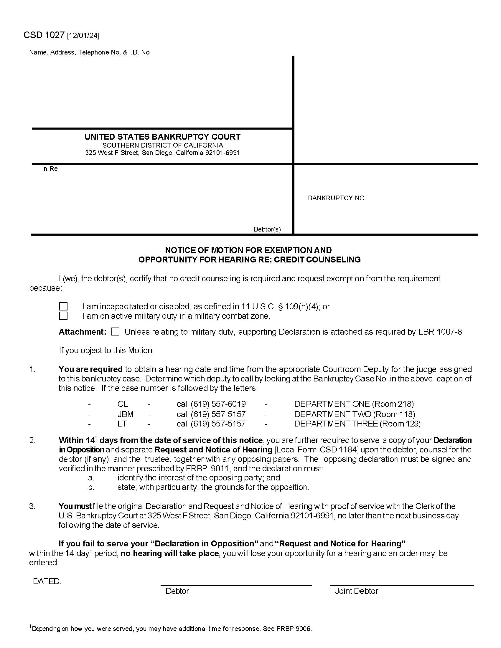 Notice Of Motion For Exemption And Opportunity For Hearing Re Credit Counseling {CSD 1027} | Pdf Fpdf Docx | California
