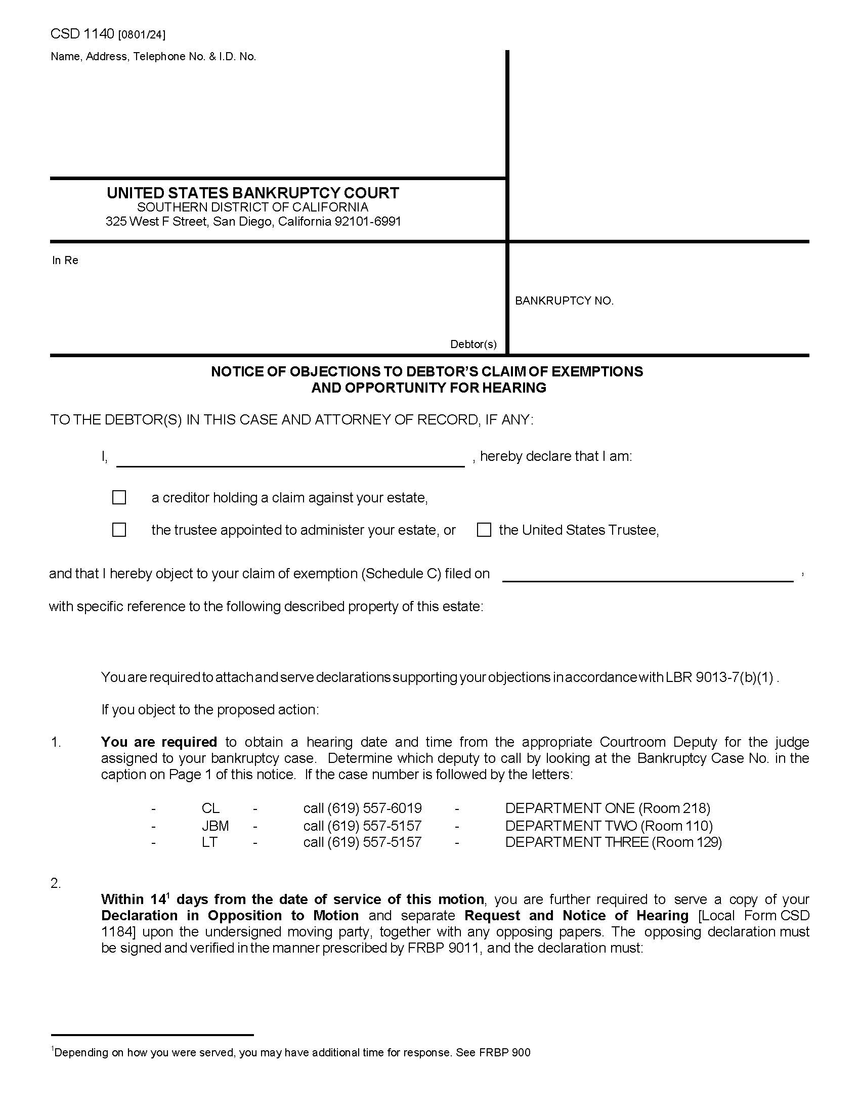 Notice Of Objections To Debtors Claim Of Exemptions Opportunity For Hearing {CSD 1140} | Pdf Fpdf Docx | California