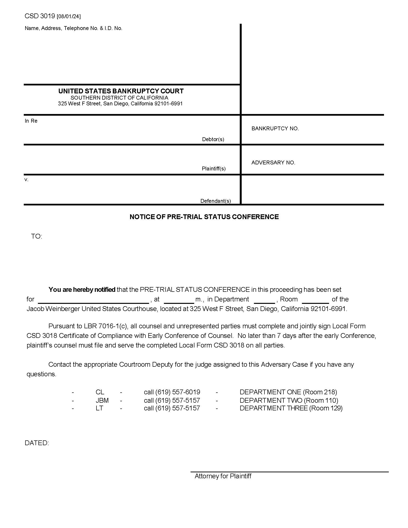 Notice Of Pre Trial Status Conference {CSD 3019} | Pdf Fpdf Docx | California
