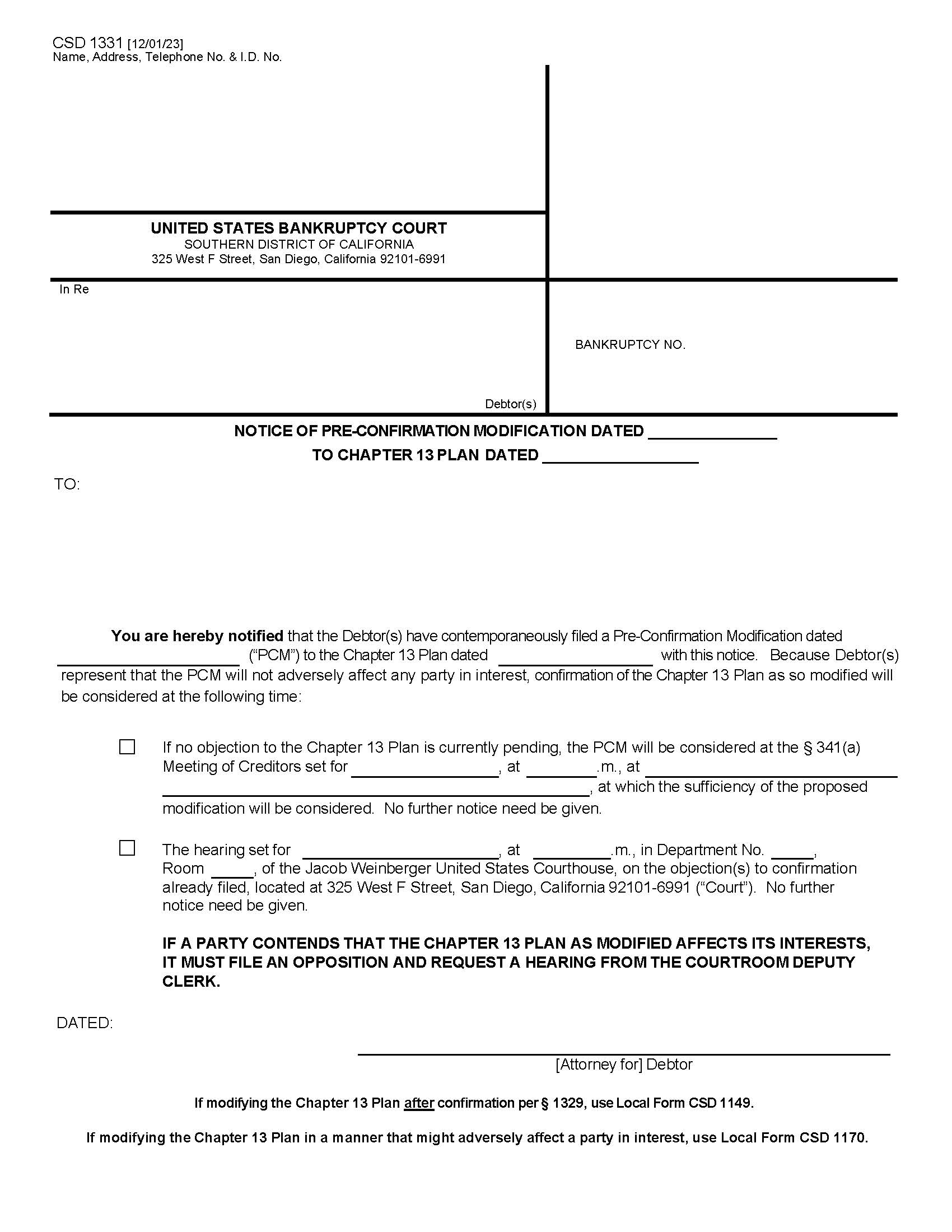 Notice Of Pre-Confirmation Modification To Chapter 13 Plan {CSD 1331} | Pdf Fpdf Docx | California