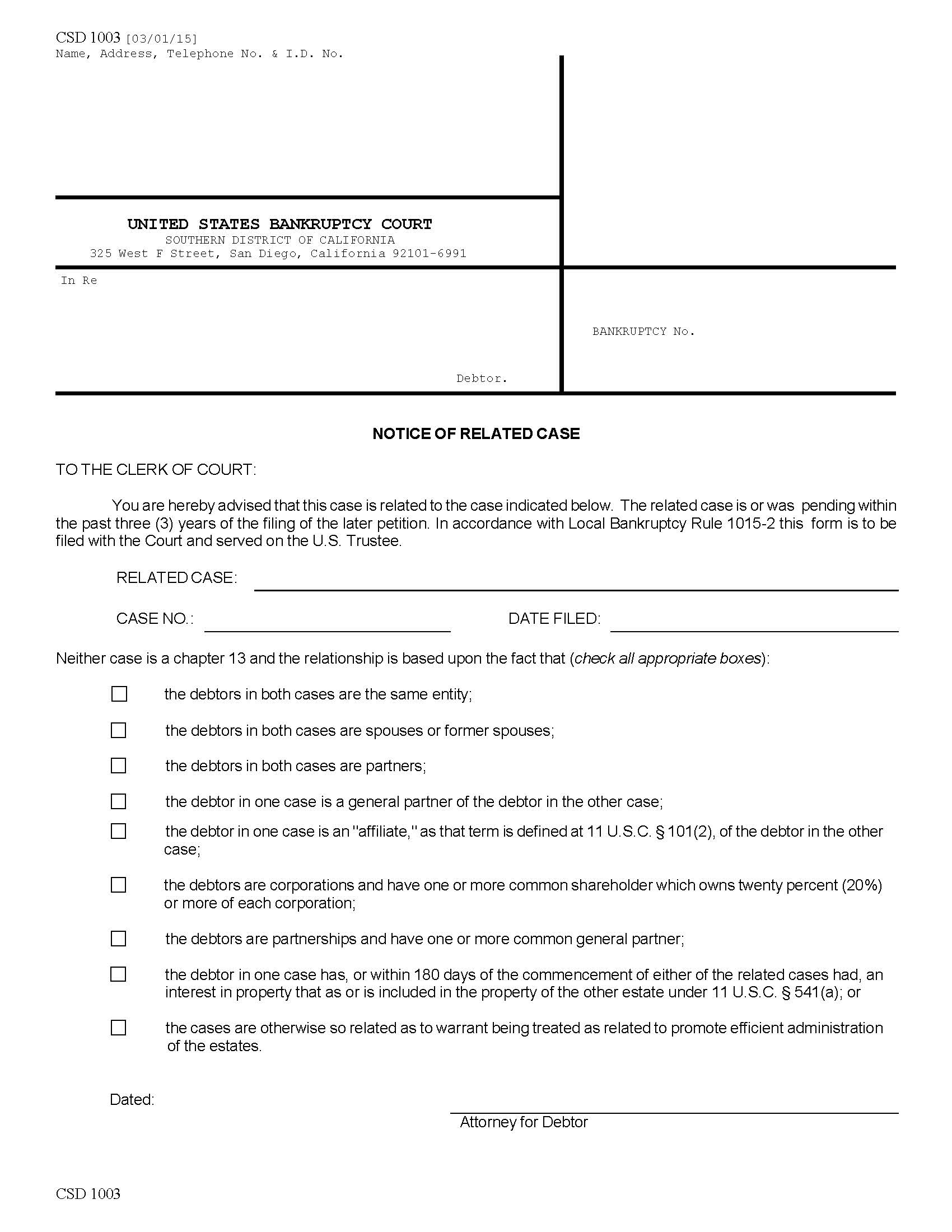 Notice Of Related Case {CSD 1003} | Pdf Fpdf Doc Docx | California