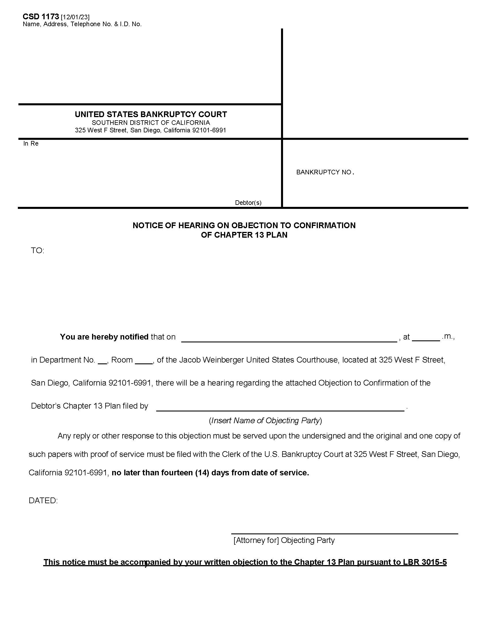 Notice On Hearing On Objection To Confirmation Of Chapter 13 Plan {CSD 1173} | Pdf Fpdf Docx | California