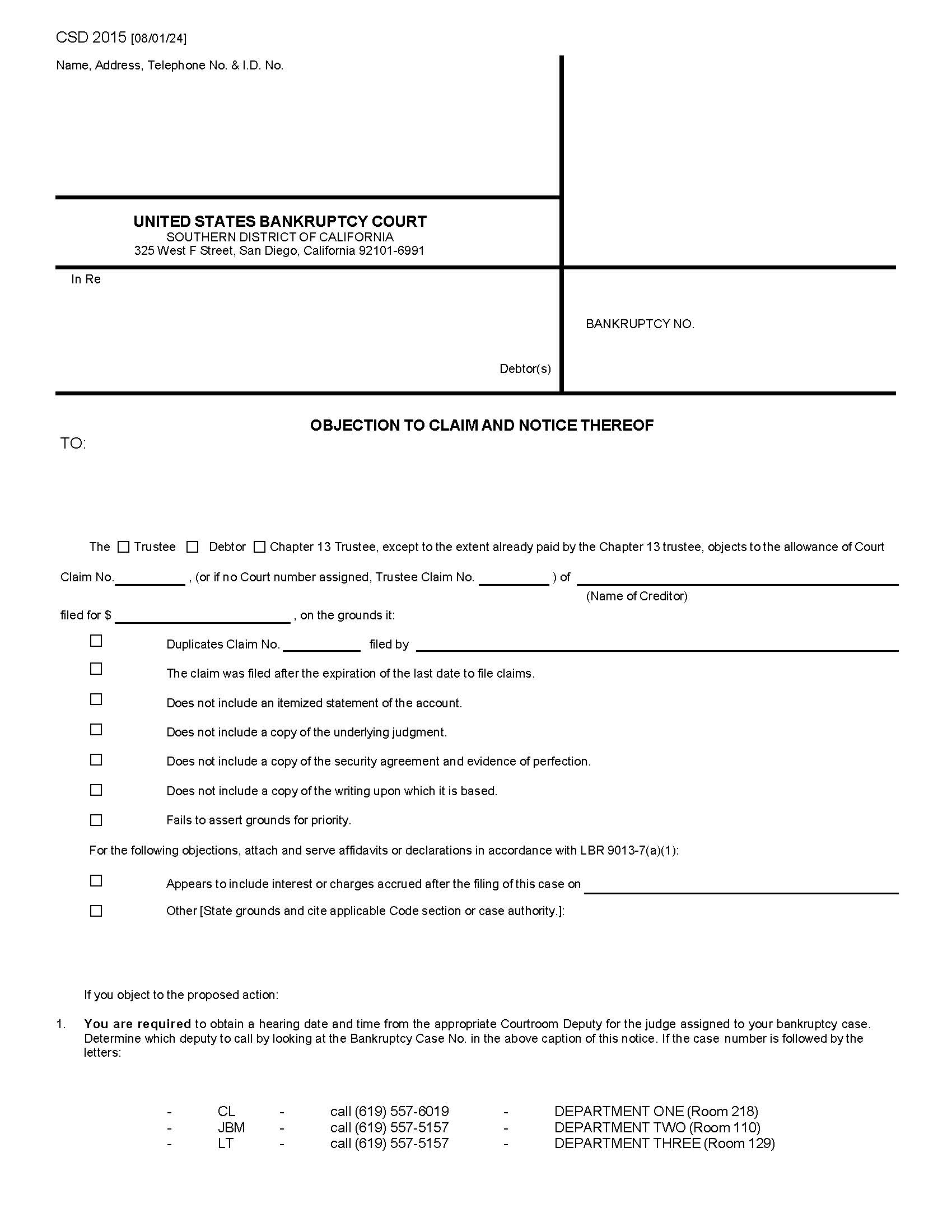 Objection To Claim And Notice Thereof {CSD 2015} | Pdf Fpdf Docx | California