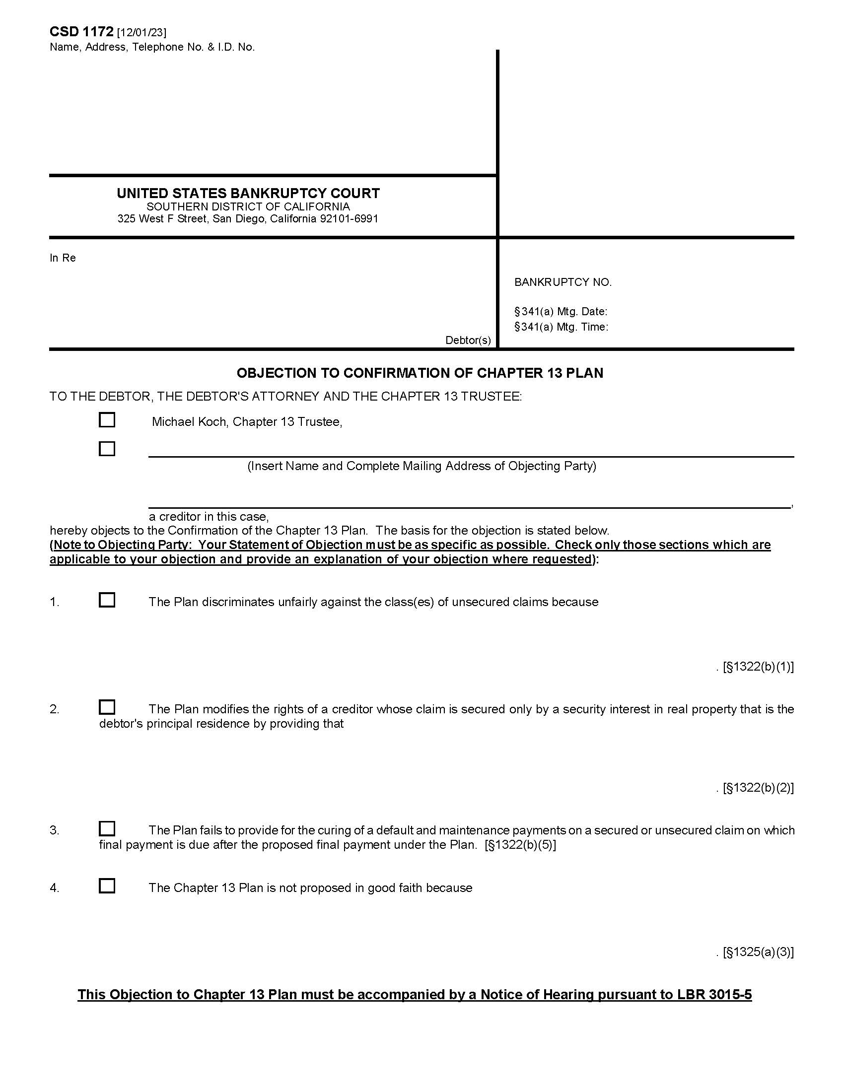 Objection To Confirmation Of Chapter 13 Plan {CSD 1172} | Pdf Fpdf Docx | California
