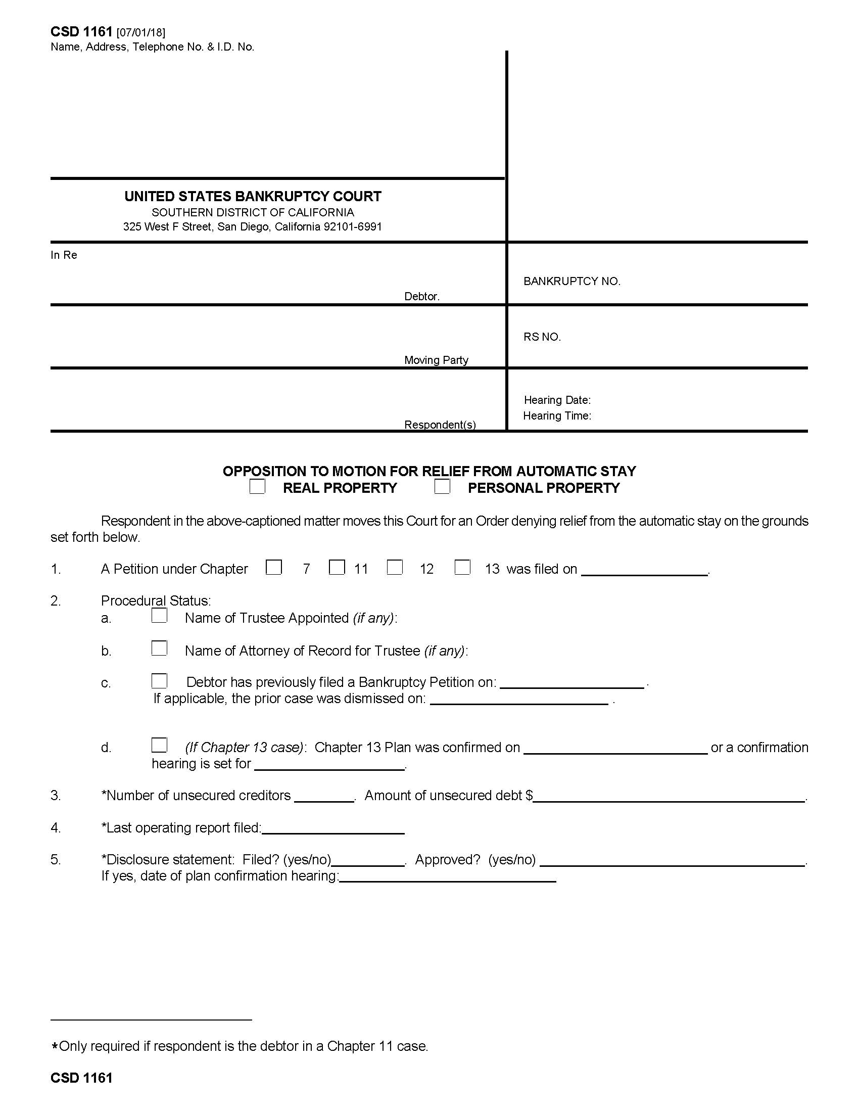 Opposition To Motion For Relief From Automatic Stay {CSD 1161} | Pdf Fpdf Docx | California