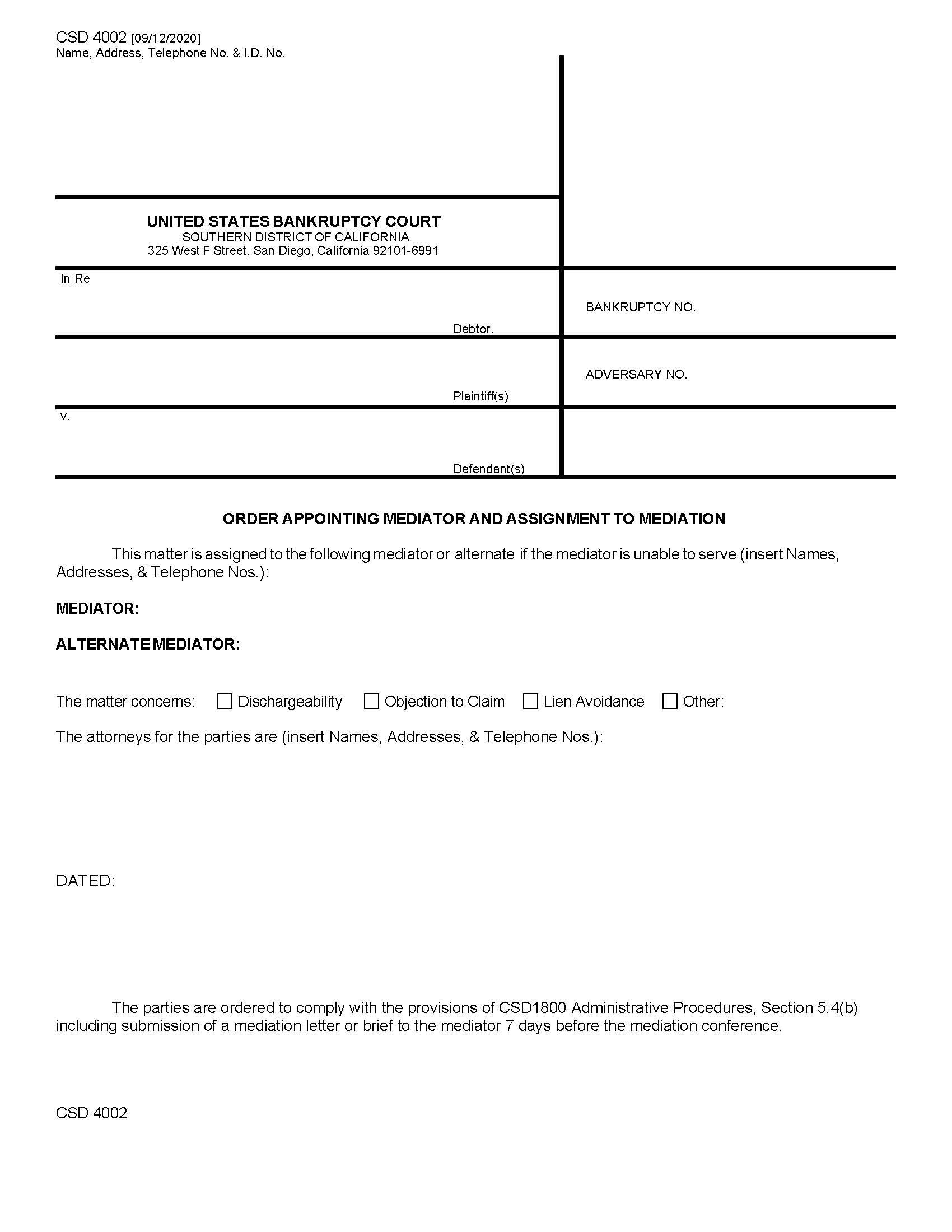 Order Appointing Mediator And Assignment To Mediation {CSD 4002} | Pdf Fpdf Docx | California