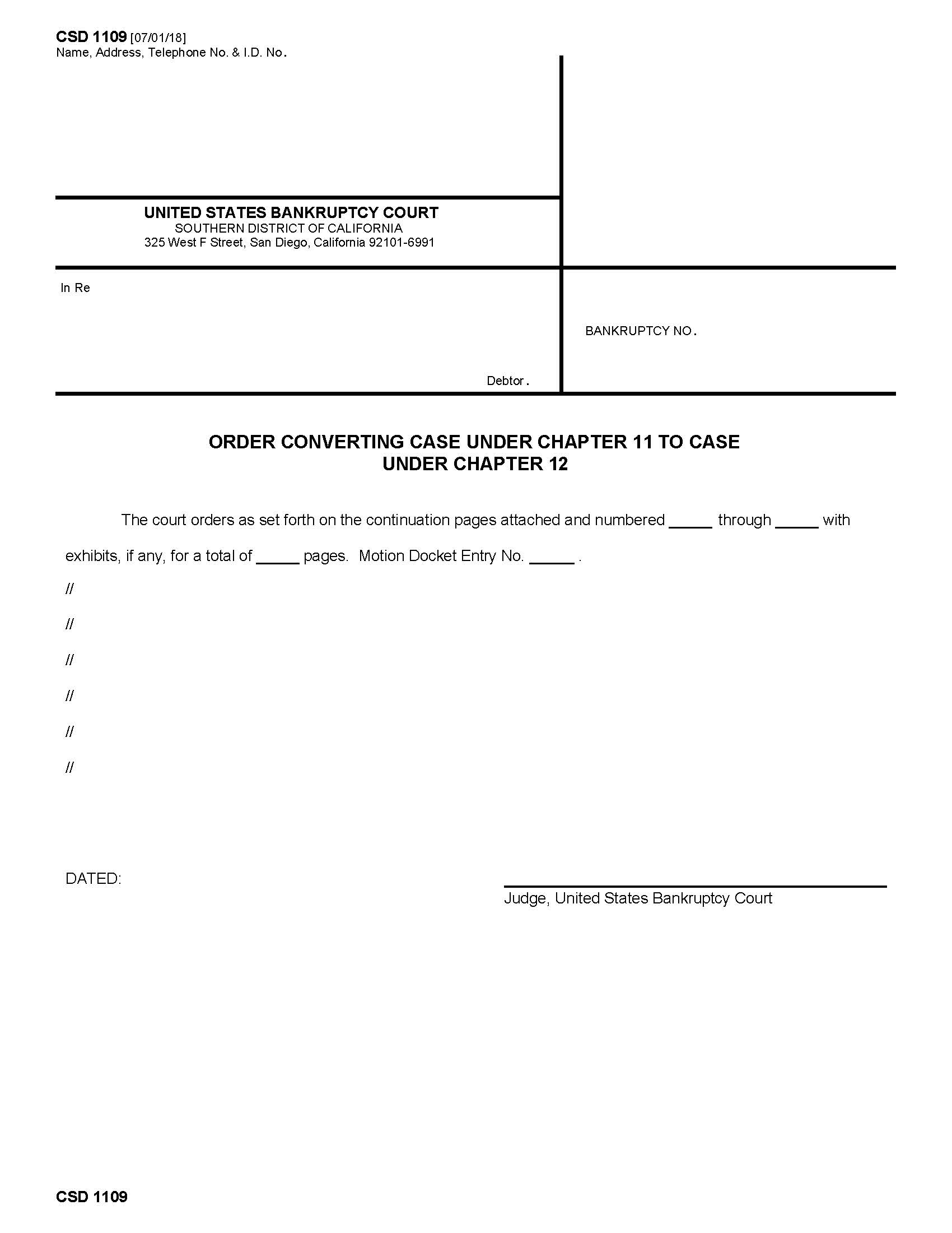 Order Converting Case Under Chapter 11 To Case Under Chapter 12 {CSD 1109} | Pdf Fpdf Docx | California