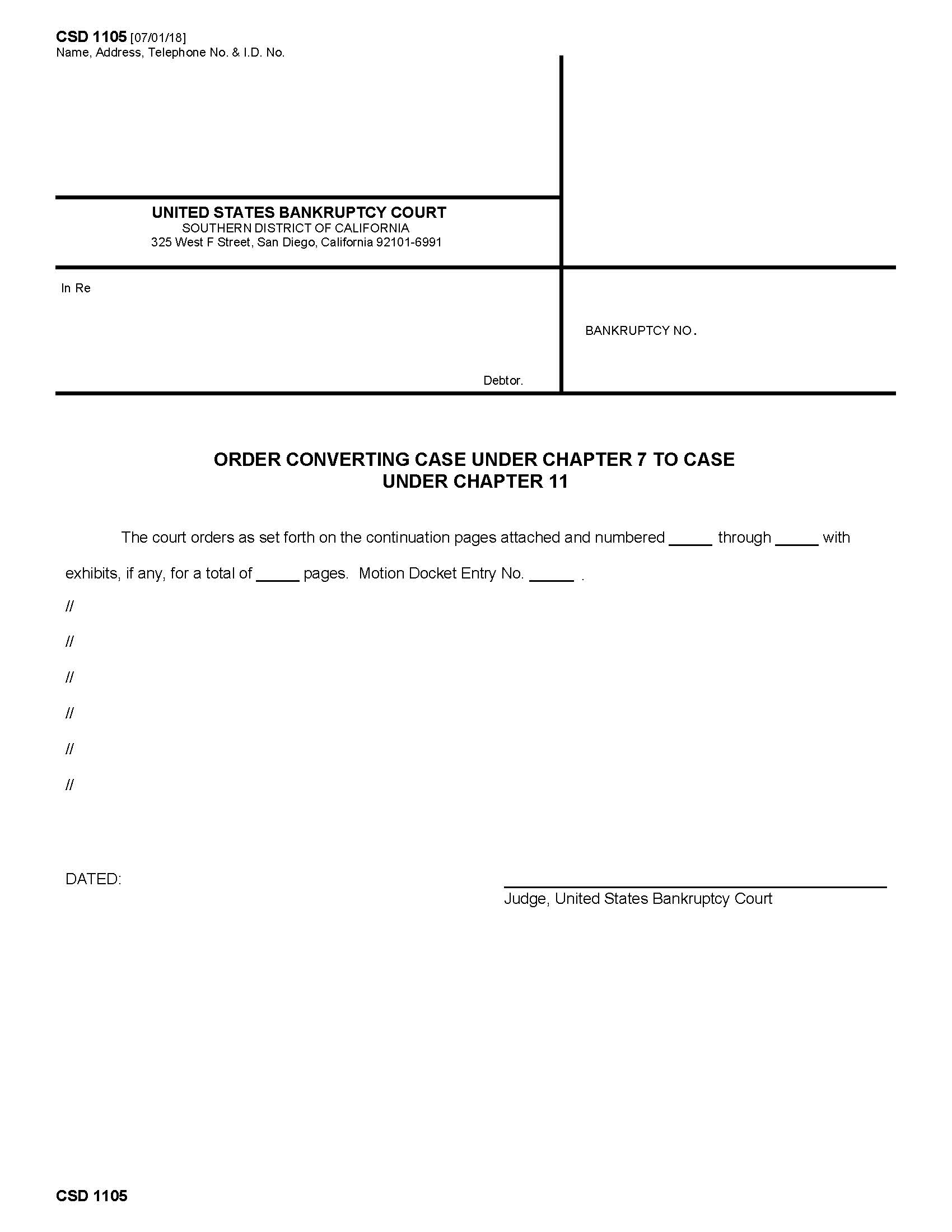 Order Converting Case Under Chapter 7 To Case Under Chapter 11 {CSD 1105} | Pdf Fpdf Docx | California