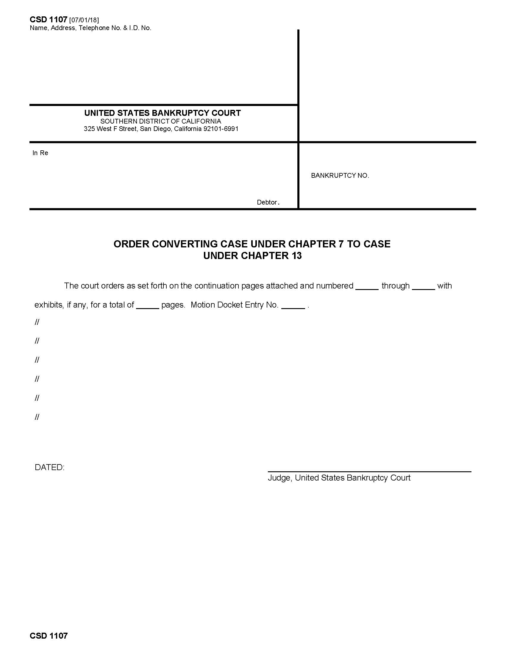 Order Converting Case Under Chapter 7 To Case Under Chapter 13 {CSD 1107} | Pdf Fpdf Docx | California