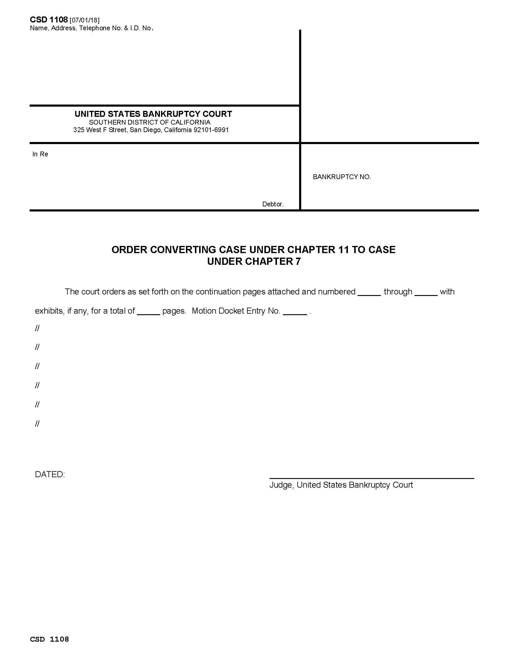 Order Converting Chapter 11 Case To Case Under Chapter 7 {CSD 1108} | Pdf Fpdf Docx | California