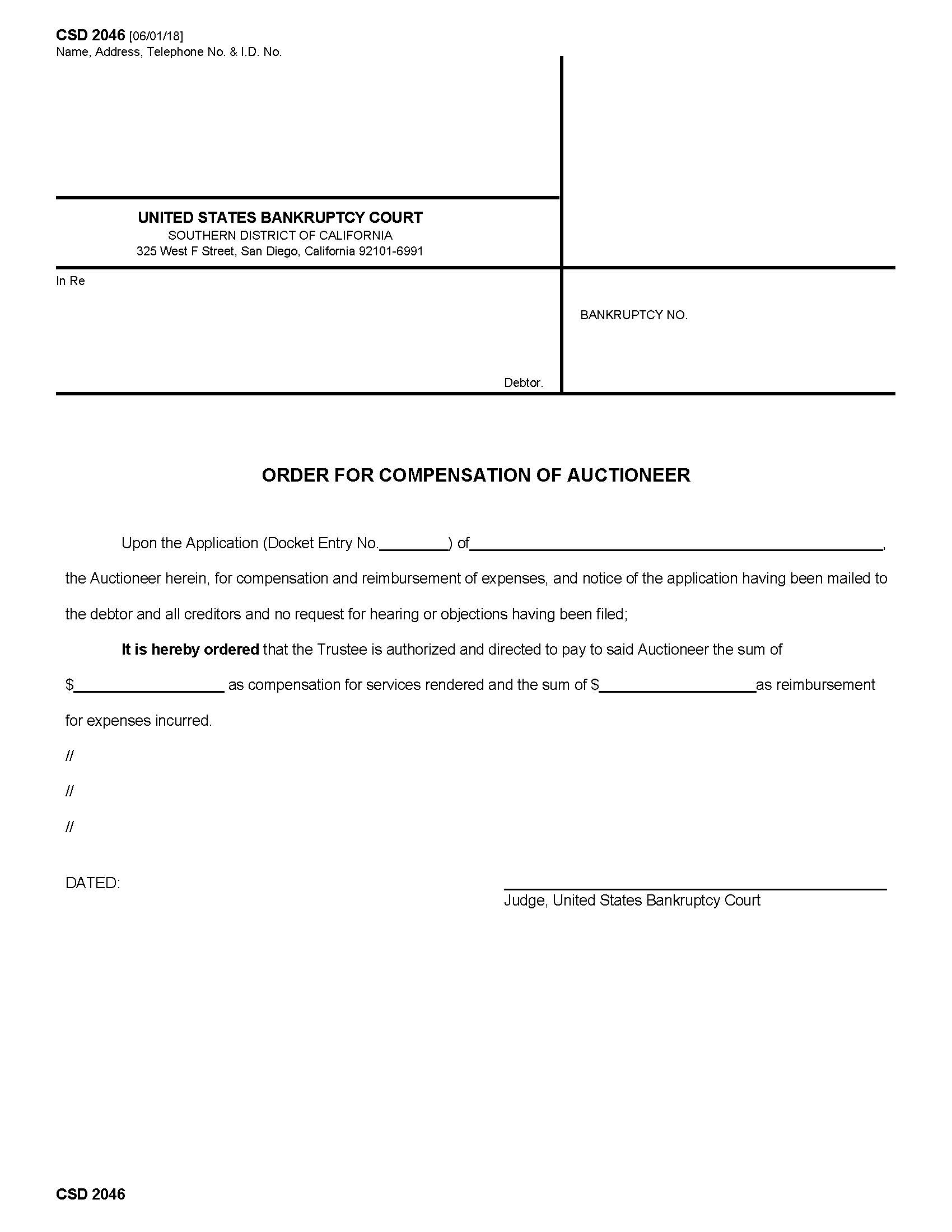 Order For Compensation Of Auctioneer {CSD 2046} | Pdf Fpdf Docx | California