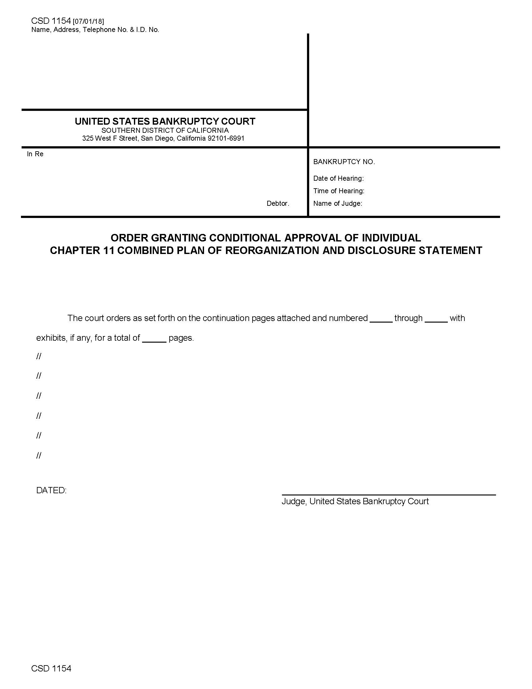 Order Granting Conditional Approval Of Individual Chapter 11 Combined Plan {CSD 1154} | Pdf Fpdf Docx | California