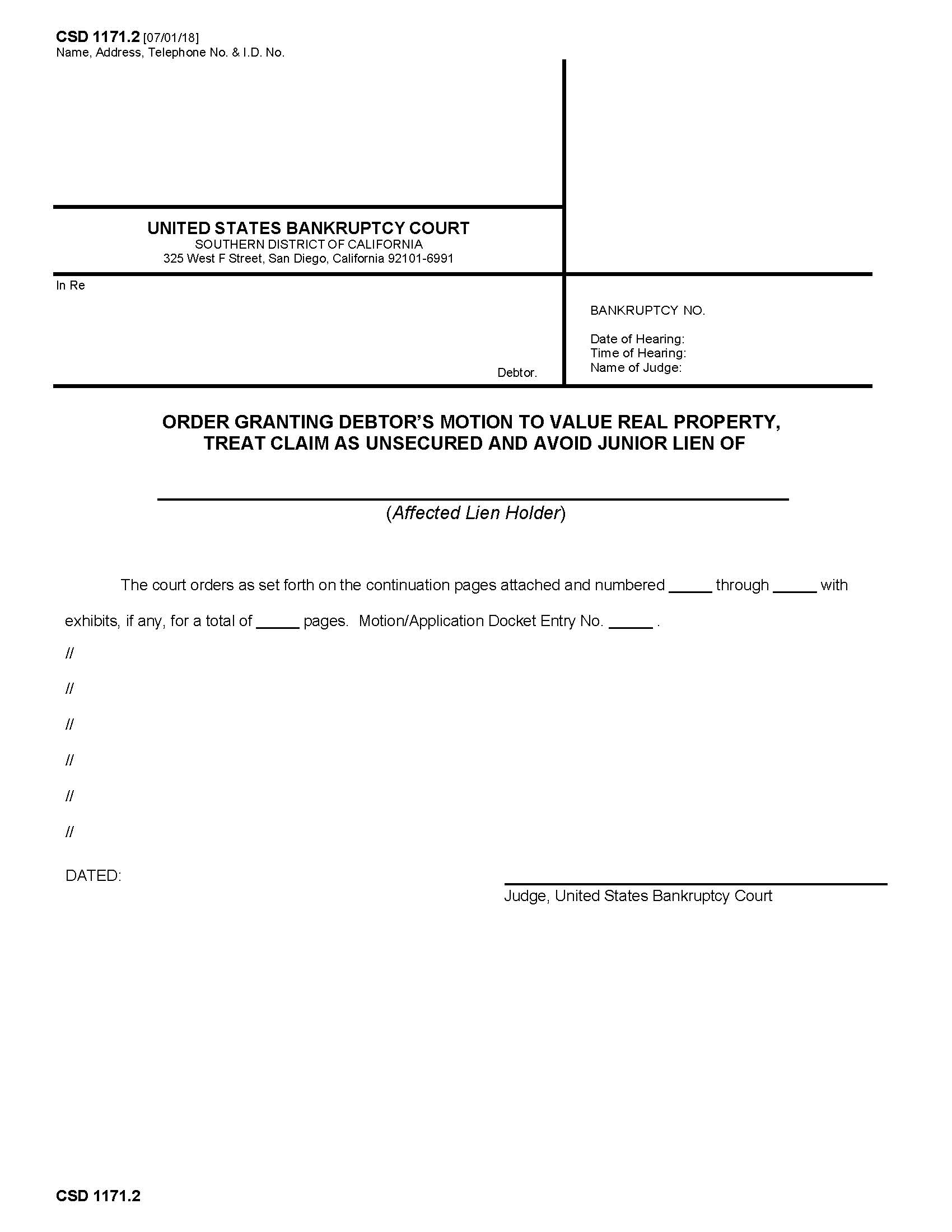 Order Granting Debtors Motion To Value Real Property {CSD 1171.2} | Pdf Fpdf Docx | California