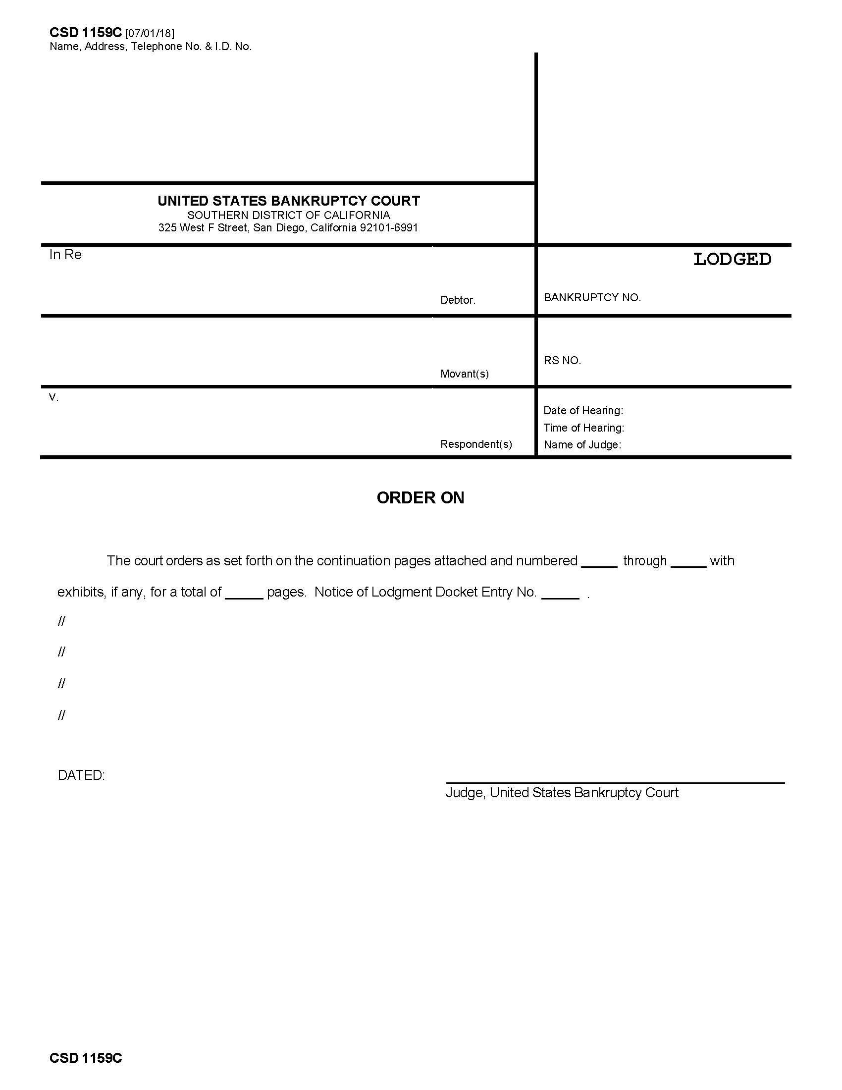 Order On (Lodged Template For R-S Motions) {CSD 1159C} | Pdf Fpdf Docx | California