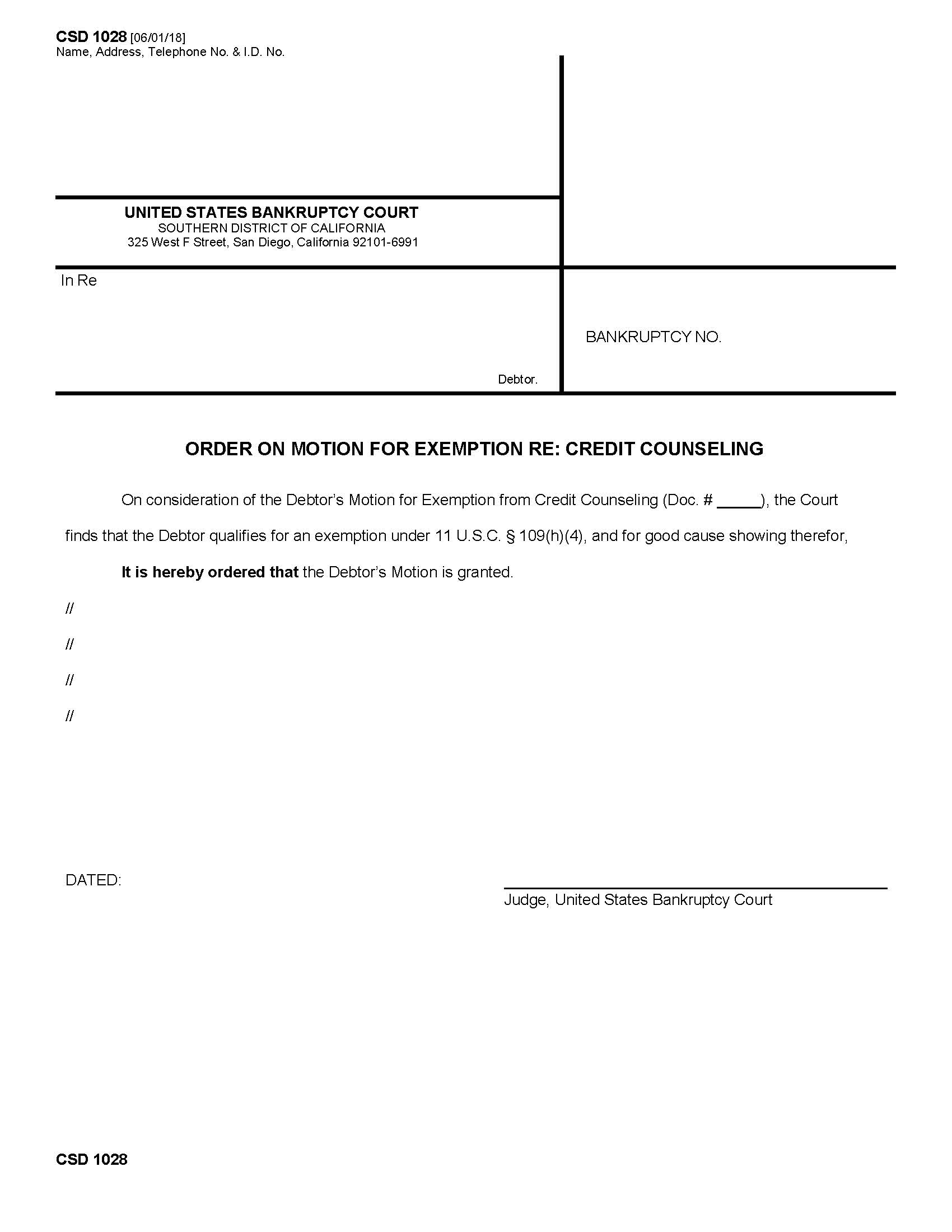 Order On Motion For Exemption Re Credit Counseling {CSD 1028} | Pdf Fpdf Docx | California