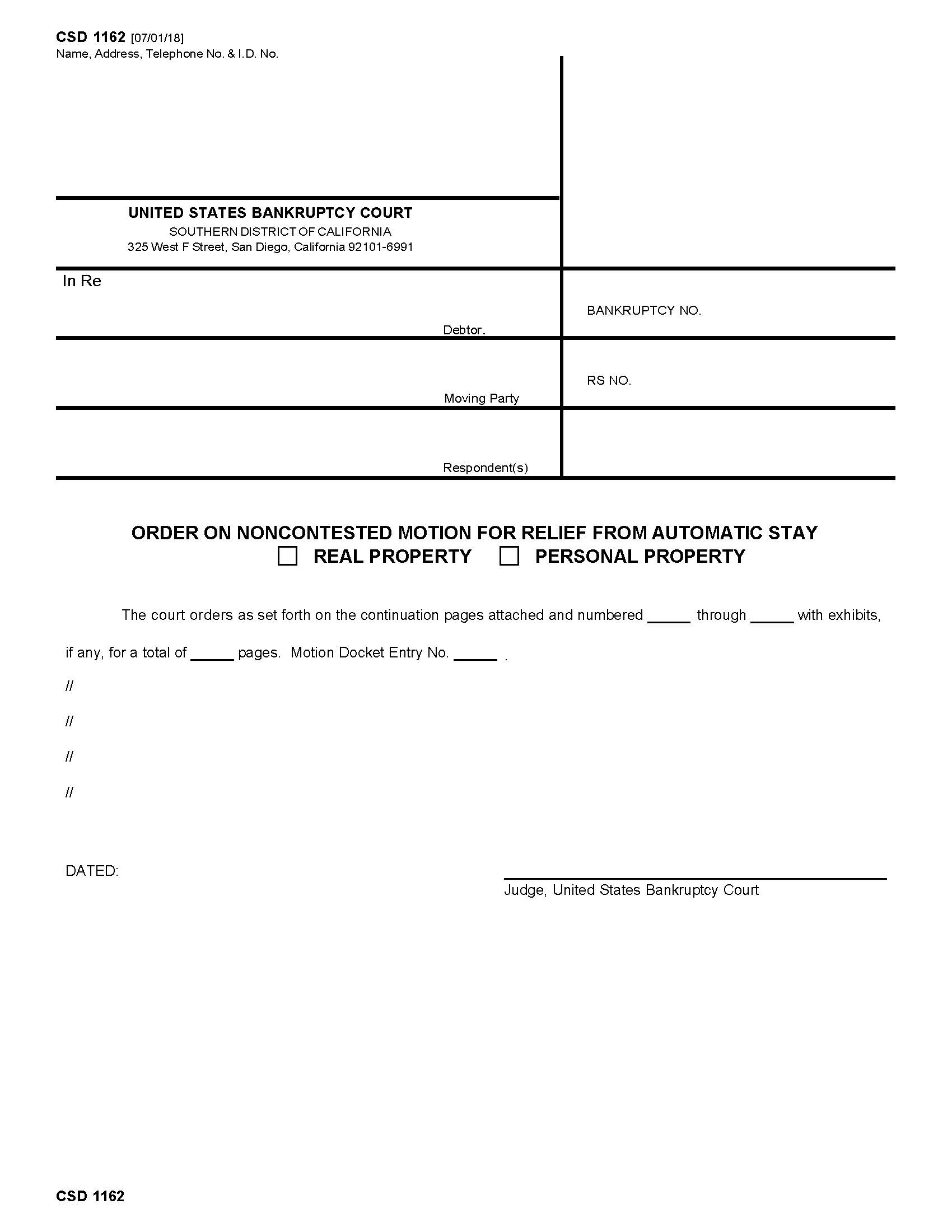 Order On Noncontested Motion For Relief From Automatic Stay Real and Personal Property {CSD 1162} | Pdf Fpdf Docx | California