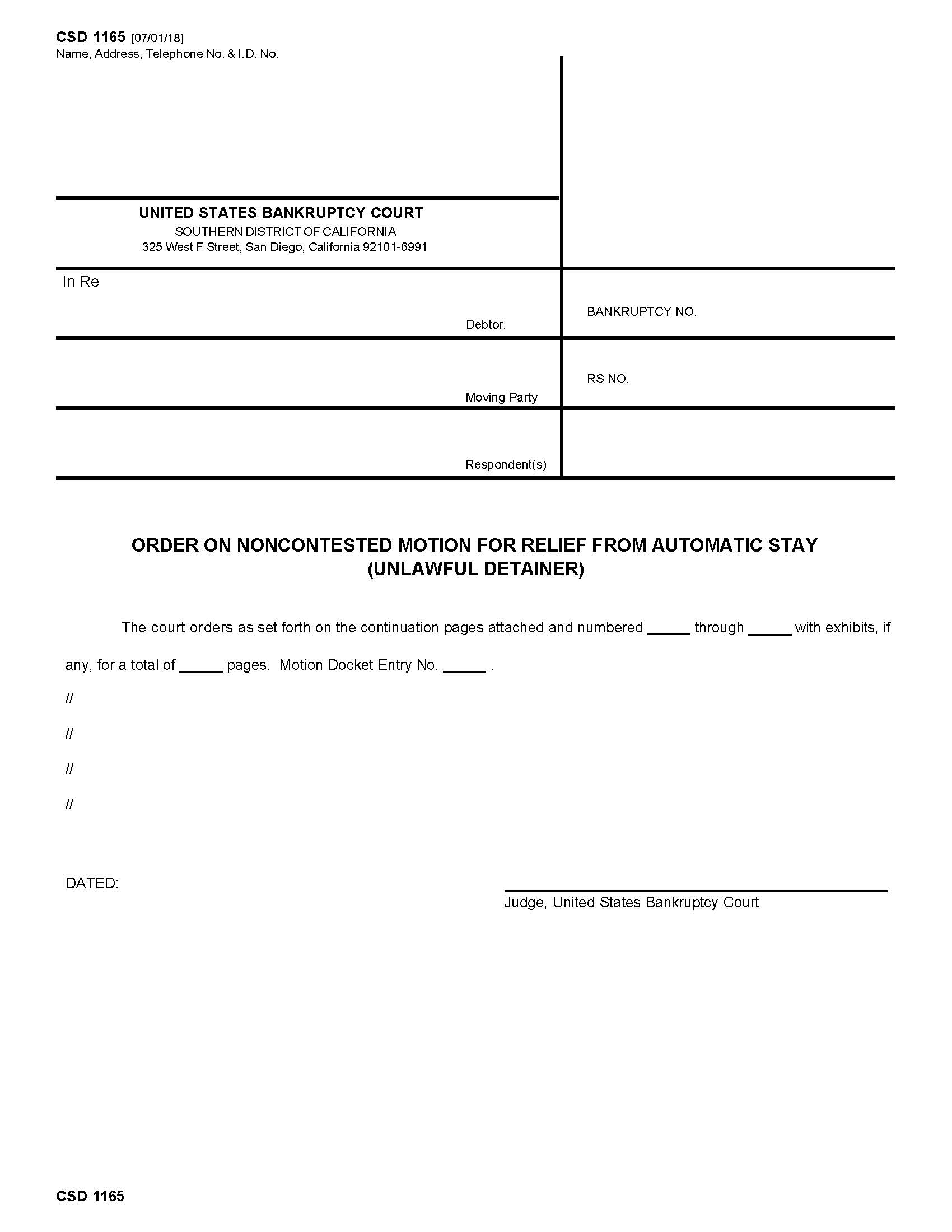Order On Noncontested Motion For Relief From Automatic Stay Unlawful Detainer {CSD 1165} | Pdf Fpdf Docx | California