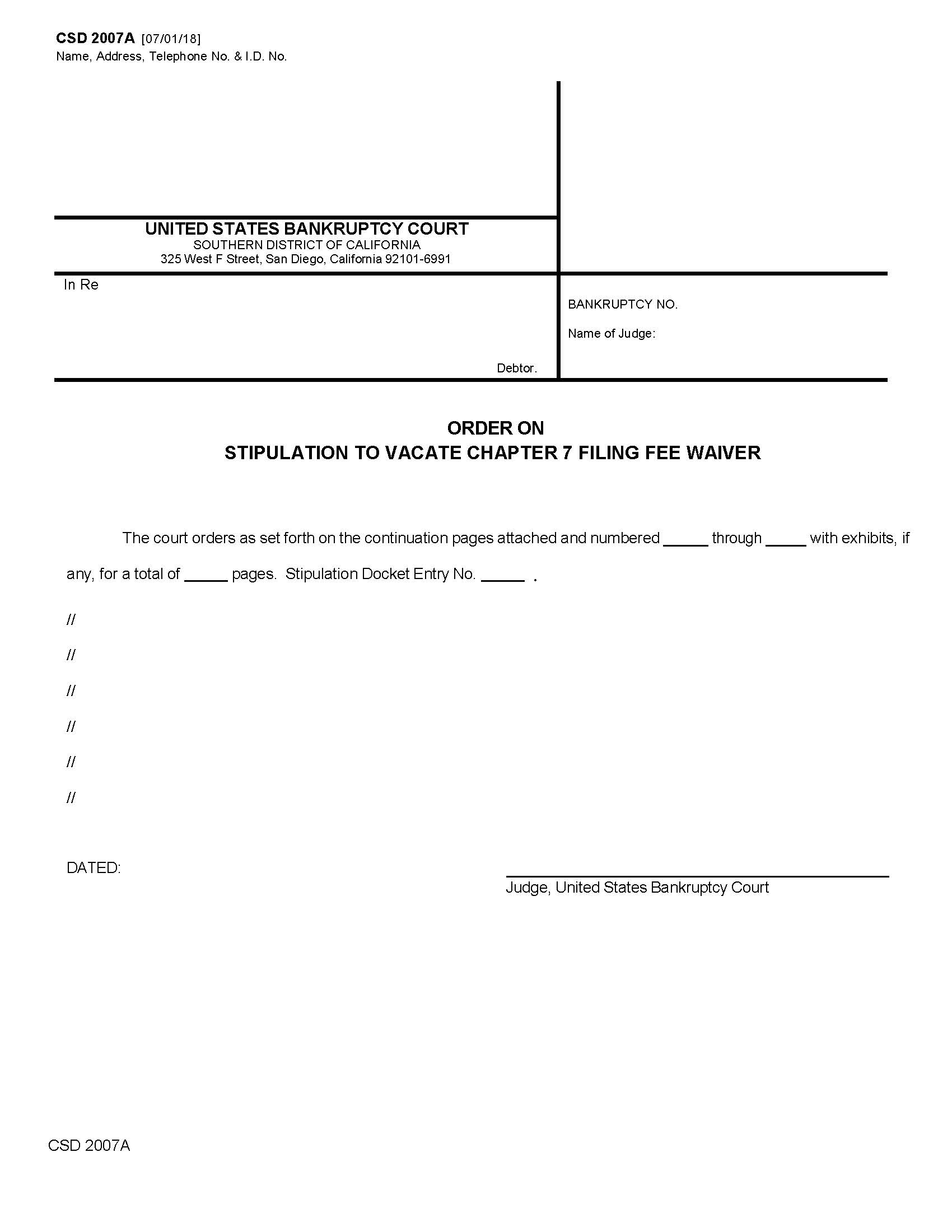 Order On Stipulation To Vacate Chapter 7 Filing Fee Waiver {CSD 2007A} | Pdf Fpdf Docx | California