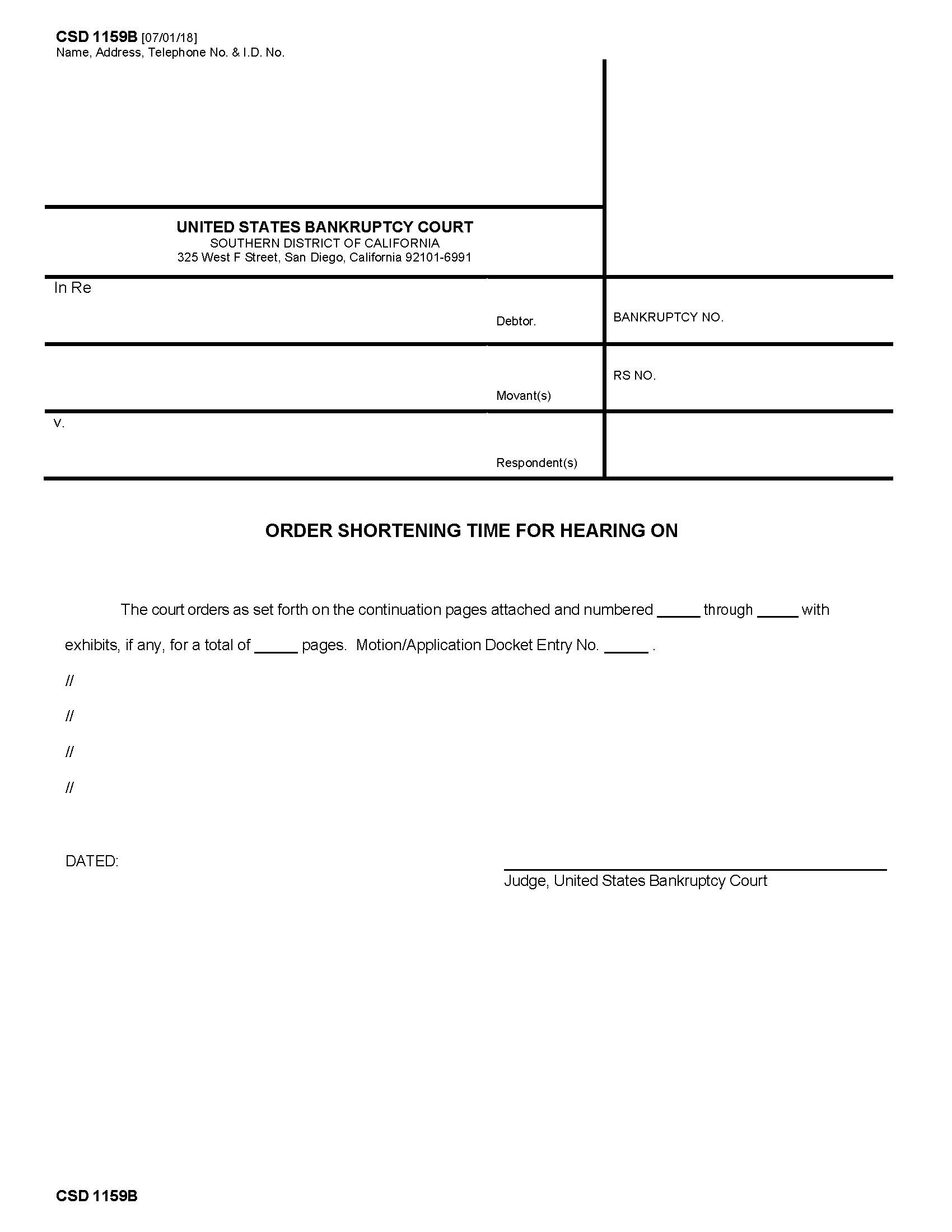 Order Shortening Time For Hearing For Relief From Stay {CSD 1159B} | Pdf Fpdf Docx | California