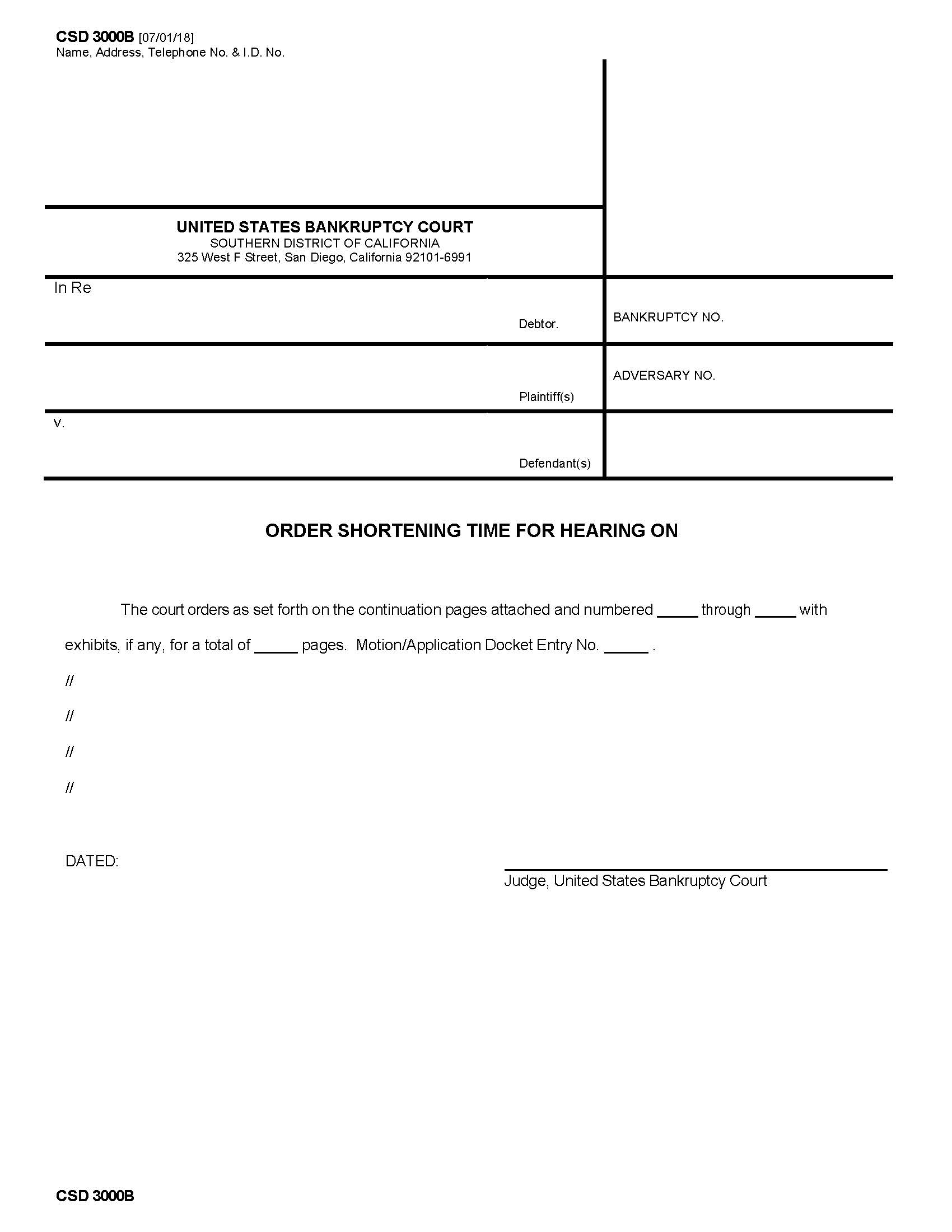 Order Shortening Time For Hearing On (Template For Adversaries) {CSD 3000B} | Pdf Fpdf Docx | California