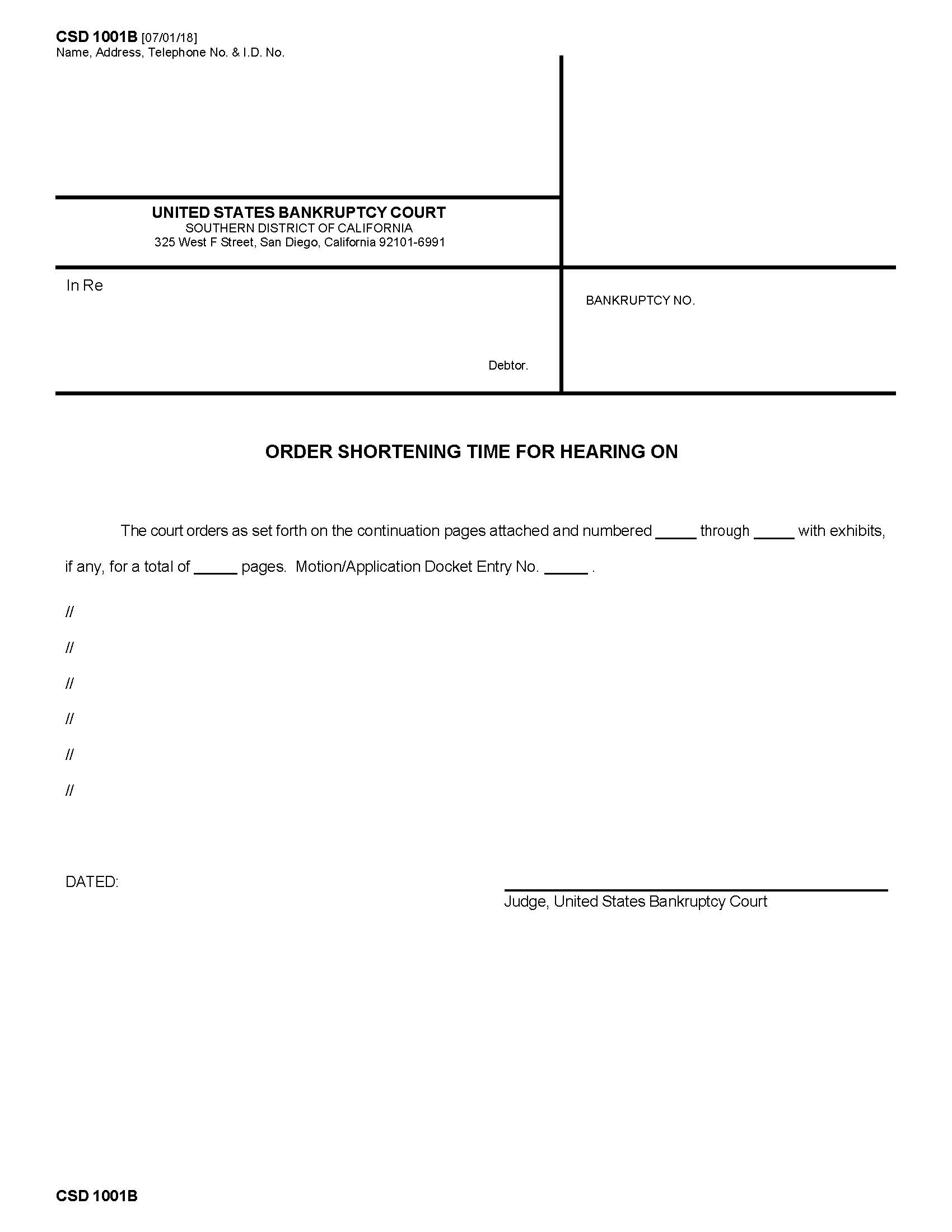 Order Shortening Time For Hearing On (Template For Cases) {CSD 1001B} | Pdf Fpdf Docx | California