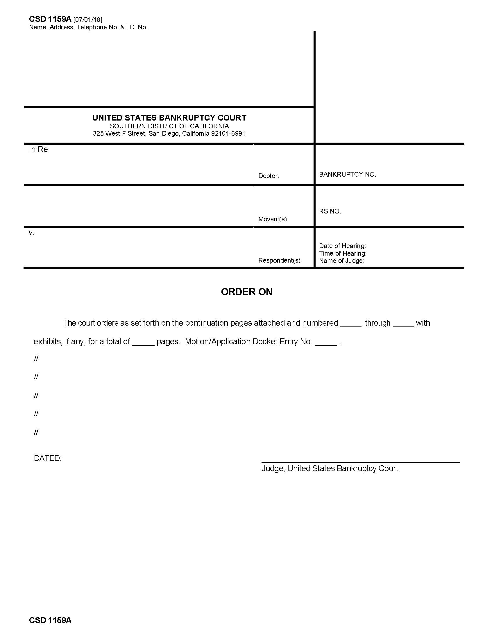 Order Template For Relief From Stay {CSD 1159A} | Pdf Fpdf Docx | California