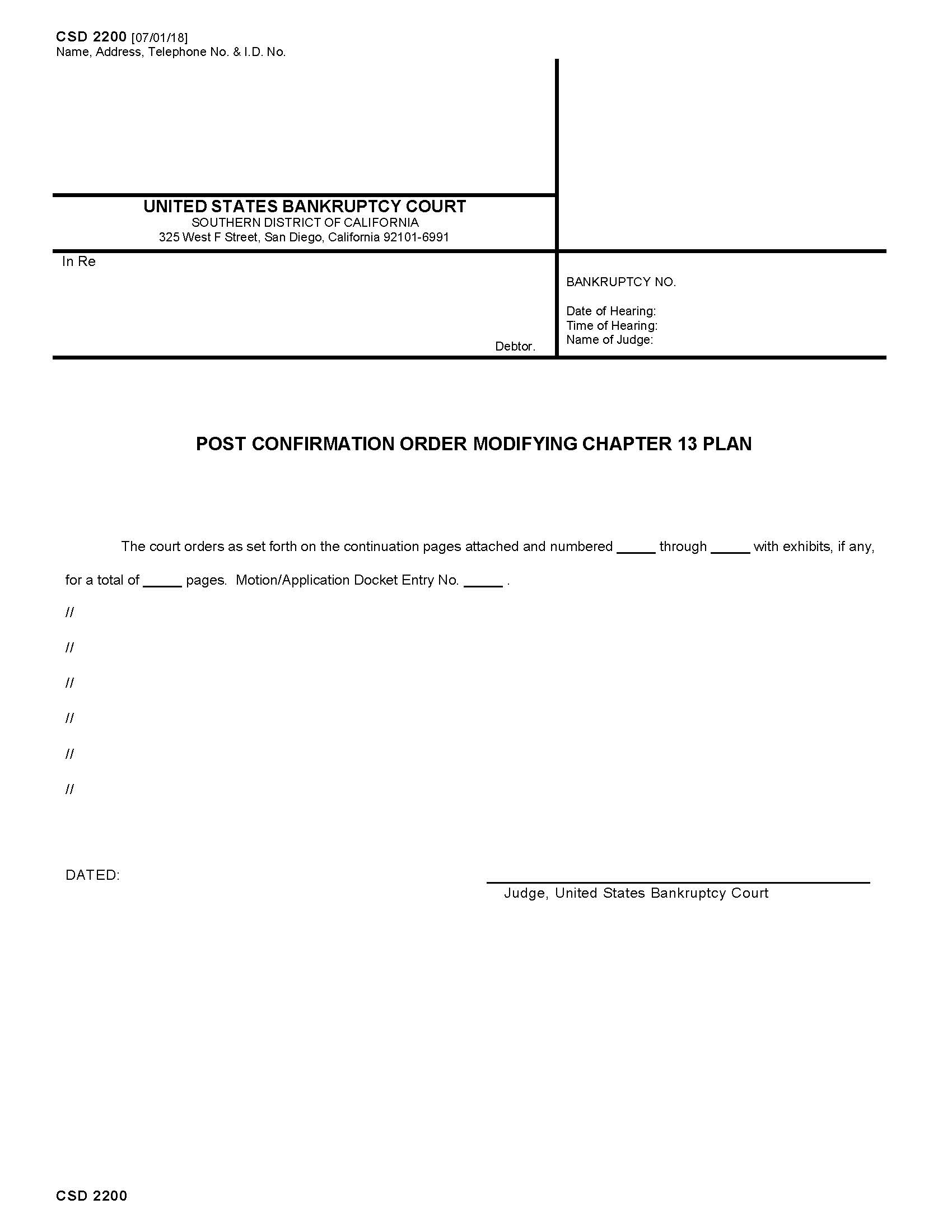 Post Confirmation Order Modifying Chapter 13 Plan  {CSD 2200} | Pdf Fpdf Docx | California